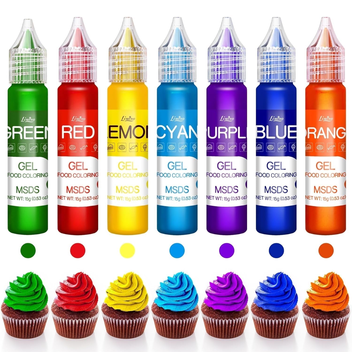 Gelvoedselkleuring - Regenboogkleurstof voor taarten, bakken, koekjes, bitterkoekjes - Geconcentreerde suikervrije kleurstof voor het versieren van taarten, drankjes, paaseieren, slijm - elk 15 g