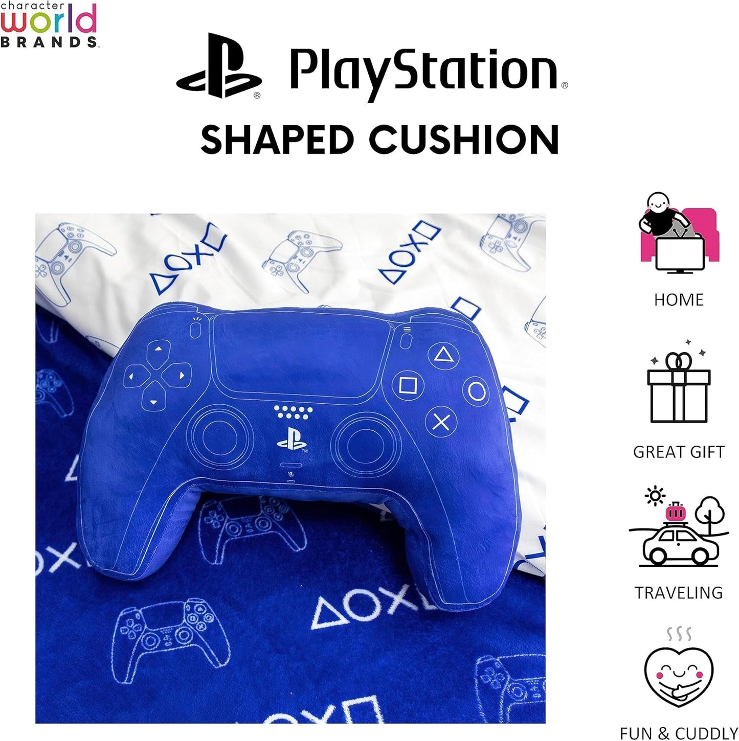 Karakterwereld: officieel gelicentieerd PlayStation-controllervormig kussen, handsetontwerp, gevuld pluchen kussen | Perfect voor slaapkamer- of speeldecoratie, blauwe standaardkussens van Naty Shop