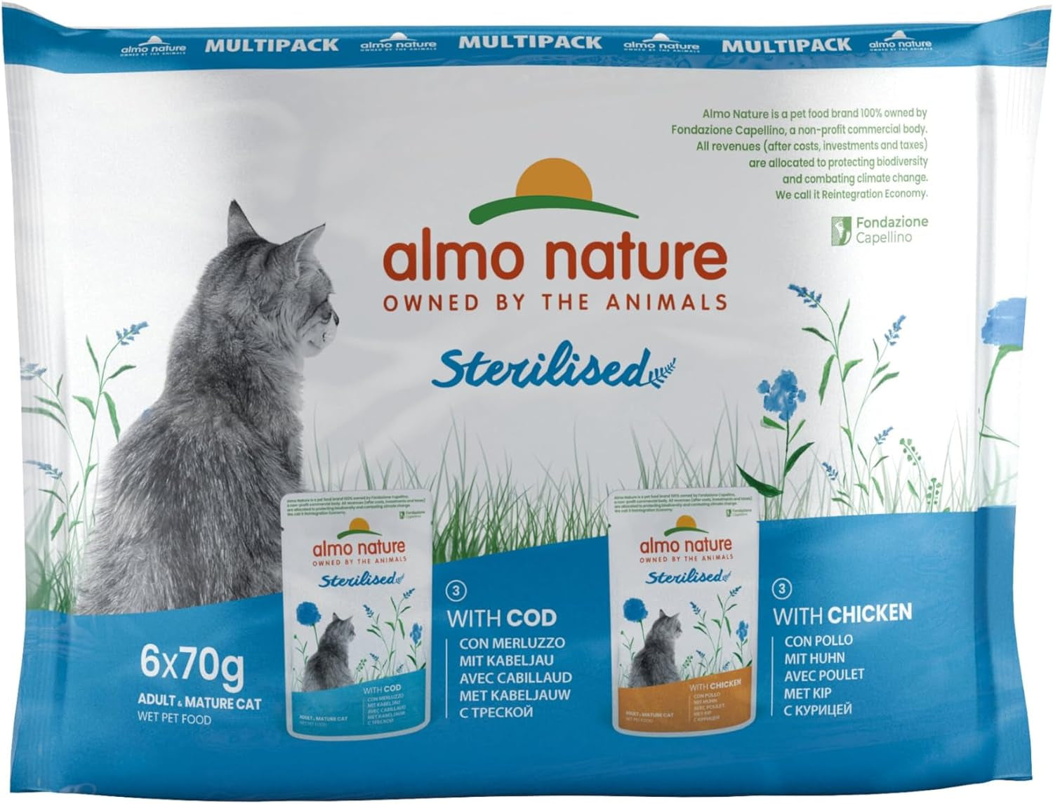 Almo Nature Functional - Sterilized - Natvoer voor volwassen en oudere katten, gesteriliseerd of minder actief - met kabeljauw en kip - Vetarm, hydraterend - 70g (pak van 6)