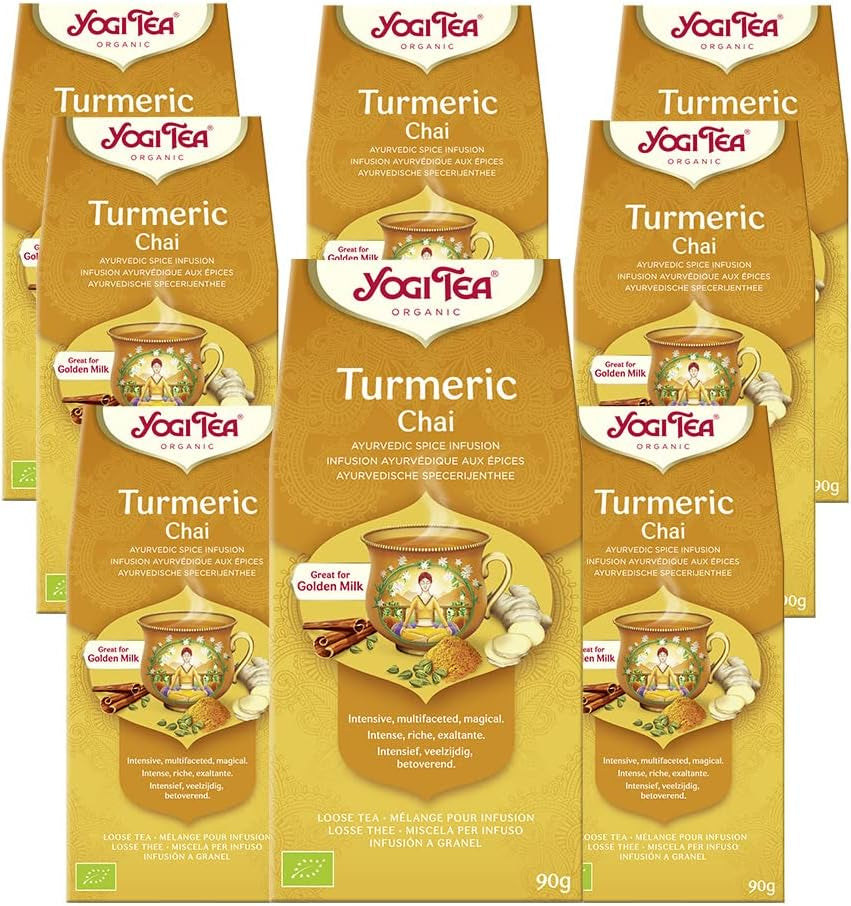 Yogi Tea - Kurkuma Chai Biologische gekruide ayurvedische thee Cafeïnevrije kurkuma kaneel-gembermix Yogi-thee Los 8 x 90 g (720 g) Verpakking Ideaal cadeau