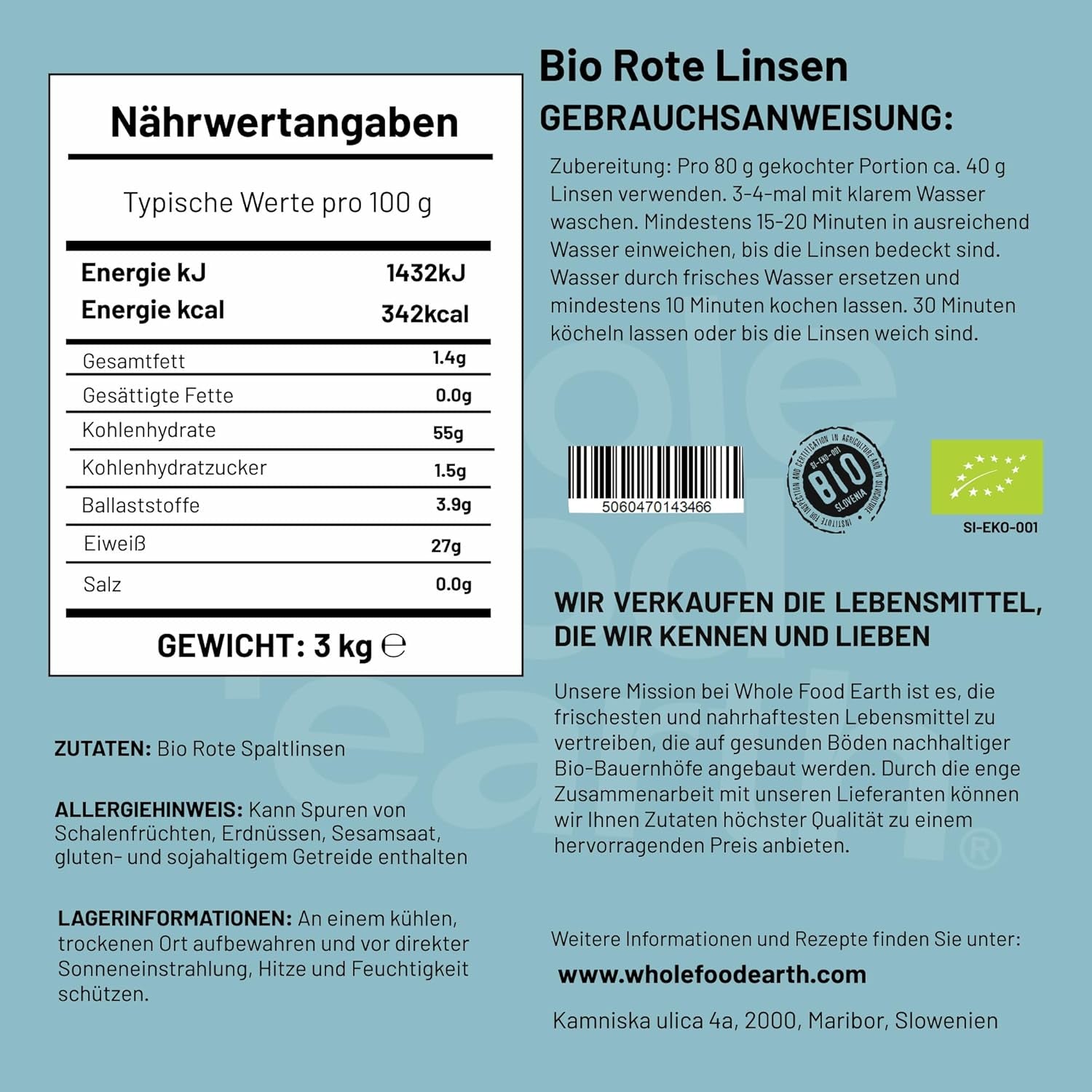 Wholefood Earth Biologische Gespleten Rode Linzen 3kg Niet-GMO Veganistisch Vezelrijk Hoog Eiwitgehalte Van Gecertificeerde Biologische Landbouw