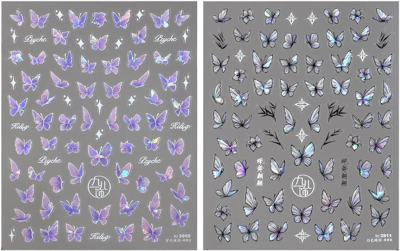 2 Blätter Schmetterling Nagelsticker Selbstklebend,Muschel Glitzer Nail Art Butterfly Nail Sticker Lila Grau Schmetterlinge Nagelaufkleber Relief Laser Vlinders Nagelsticker Nageldesign Zubehör
