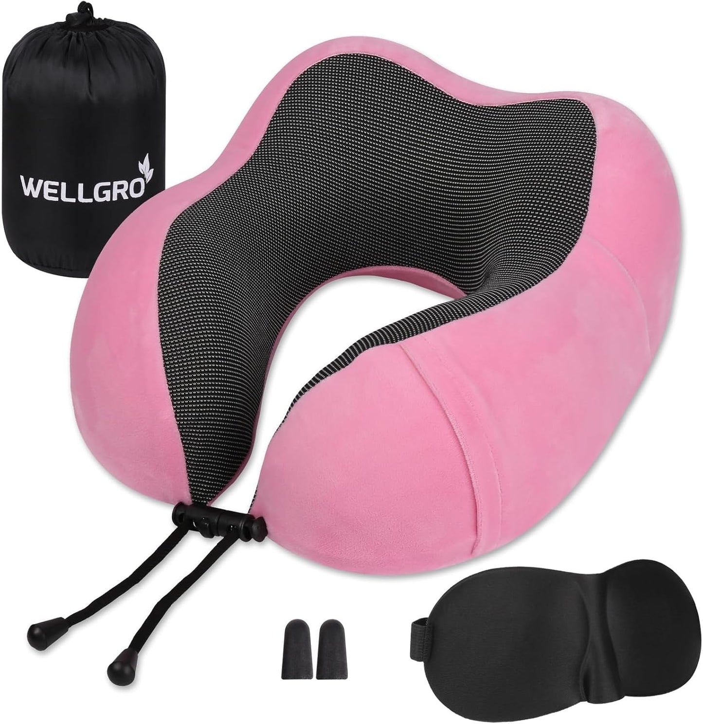 WELLGRO Nekkussenset met 3D-slaapmasker en oordopjes - Afneembare hoes - Traagschuim - Ritssluiting - Inclusief opbergtas - Reiskussen - Kleur selecteerbaar, Kleur: Grijs Naty Shop Roze Orthopedische Cervicale Kussens