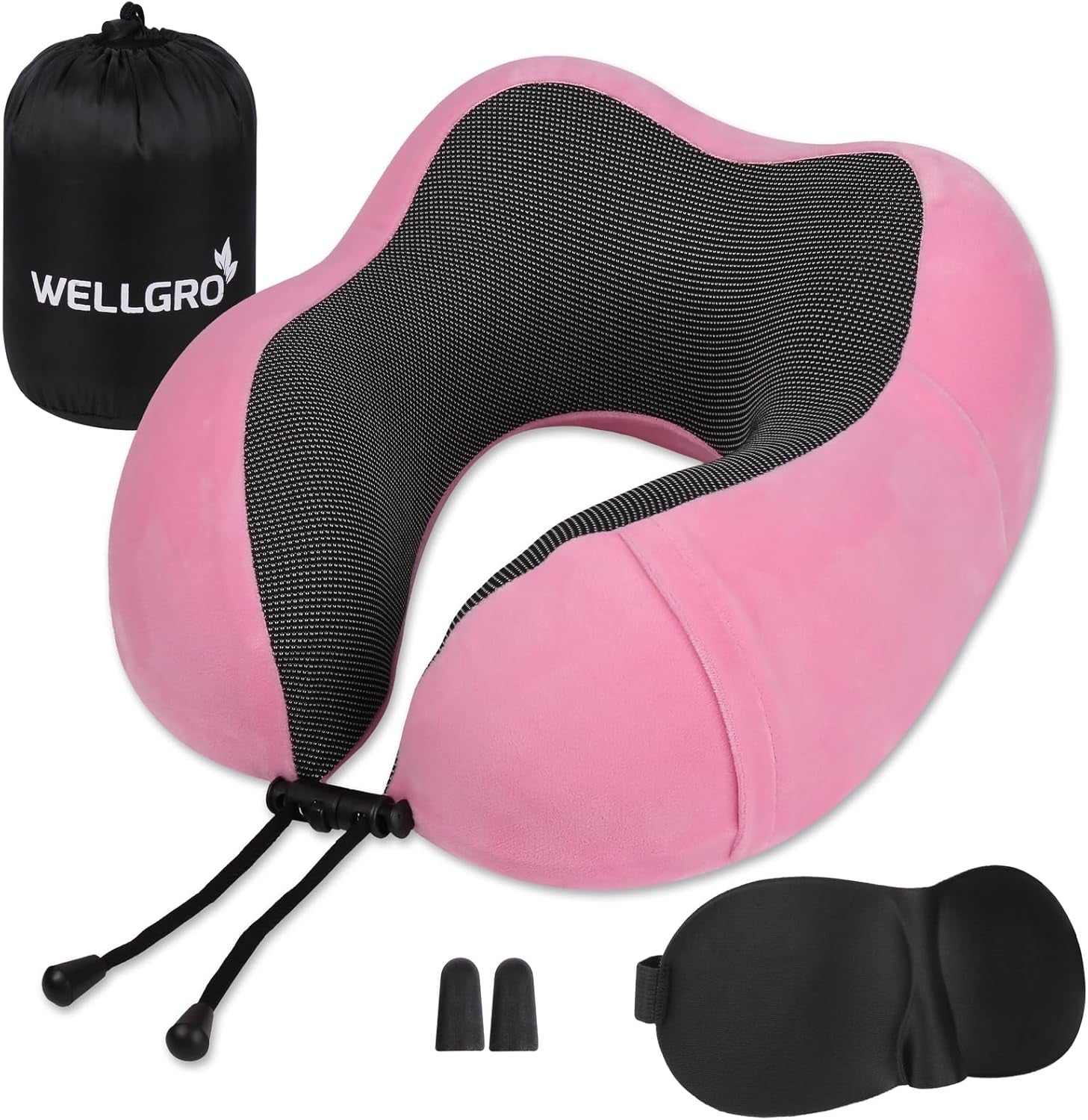 WELLGRO Nekkussenset met 3D-slaapmasker en oordopjes - Afneembare hoes - Traagschuim - Ritssluiting - Inclusief opbergtas - Reiskussen - Kleur selecteerbaar, Kleur: Grijs Naty Shop Roze Orthopedische Cervicale Kussens