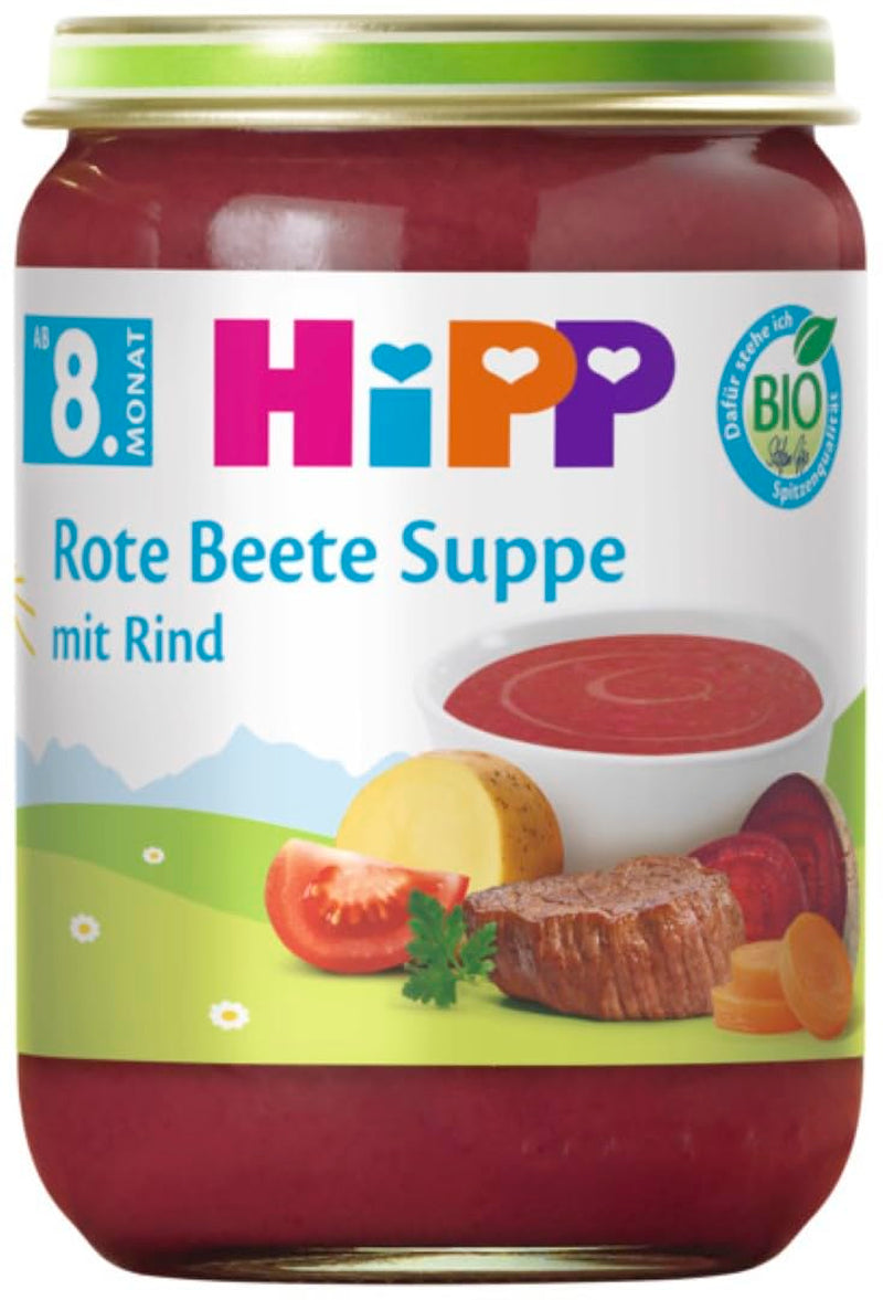 Bietensoep met rundvlees HiPP Biologisch (6 x 190g), vanaf 8 maanden, zonder toegevoegd zout, glutenvrij, met Omega 3, beste biologische kwaliteit