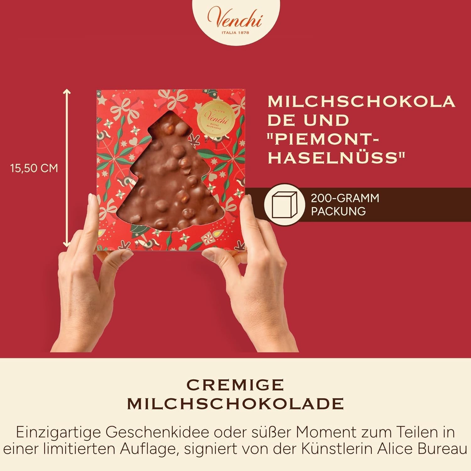 Venchi, Brutto&Buono, handgemaakte "Piemonte Forest Hazelnut" dennenboomvormige melkchocoladereep, 200 g, glutenvrij, kerstcollectie in beperkte oplage, cadeau-idee