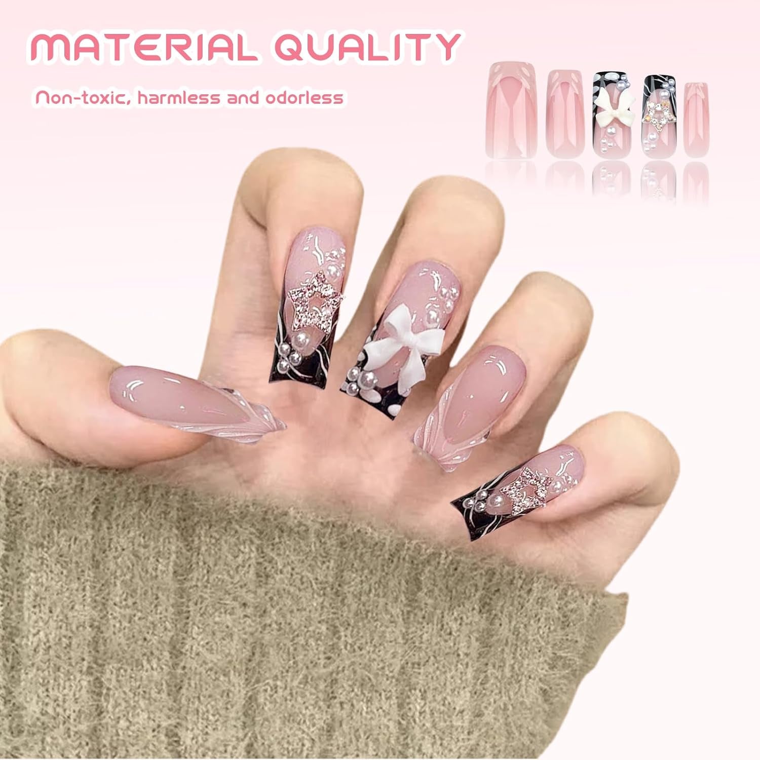 24 stuks middellange strass roze vierkante parel glitter 3D kunstnagels voor dames meisjes