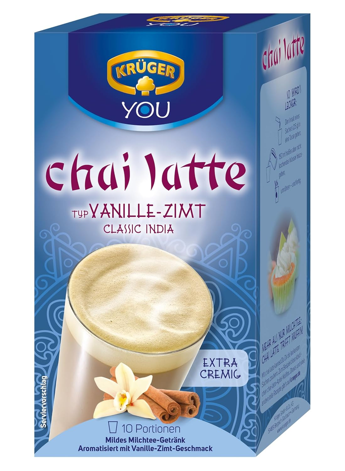 KRÜGER YOU Chai Latte Vanille Kaneel, instantbereiding voor melkdranken, op smaak gebracht met vanille en kaneel, 250 g (10 zakjes van 25 g)