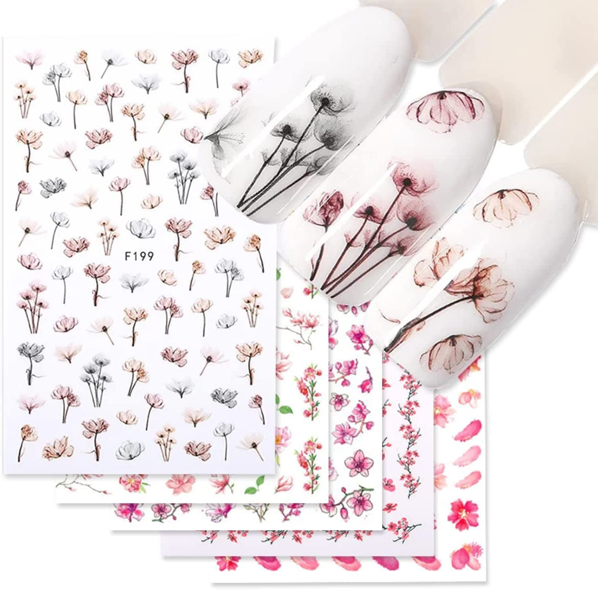 JMEOWIO Nagelsticker Frühling Blume 9 Blatt Nagelaufkleber Selbstklebend Rosa Blüte Nail Art Sticker Decoratie Nageldesign Zubehör