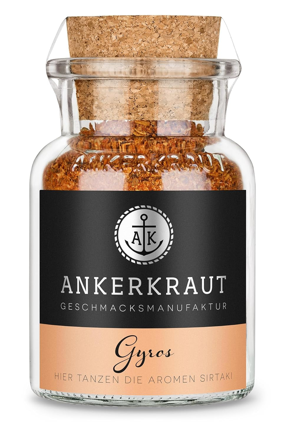 Ankerkraut Gyros, Gewürzmischung für Gyros, egal ob aus der Pfanne of vom Grill, mit Zwiebel, Knoblauch, Marjolein, Komijn, Piment en meer, 80 g in korkenglas