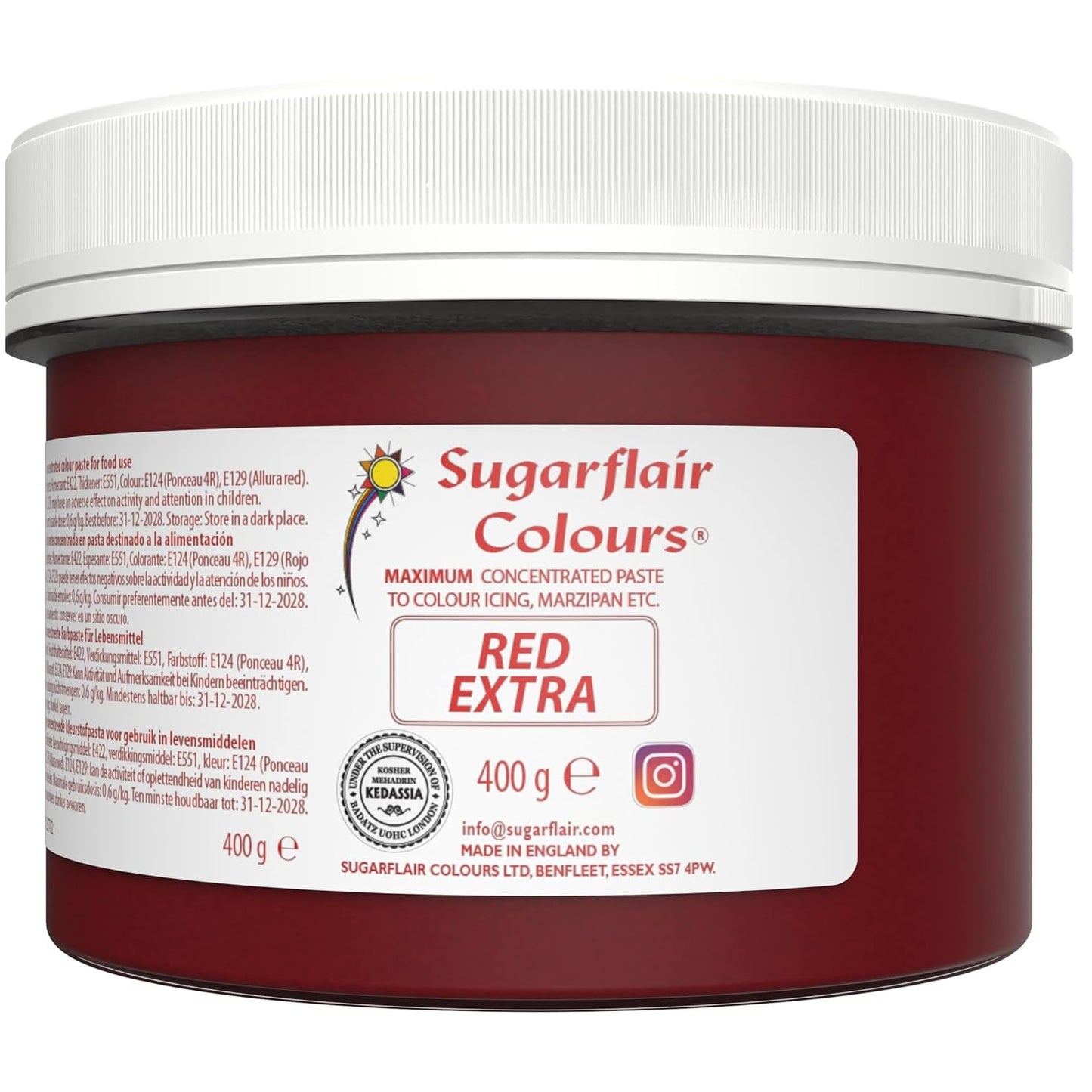 Kleurstof Sugarflair Max Concentrated Red, hooggeconcentreerde kleurstof voor marsepein en fondant, pastakleurstof Max Concentrated - 400 g