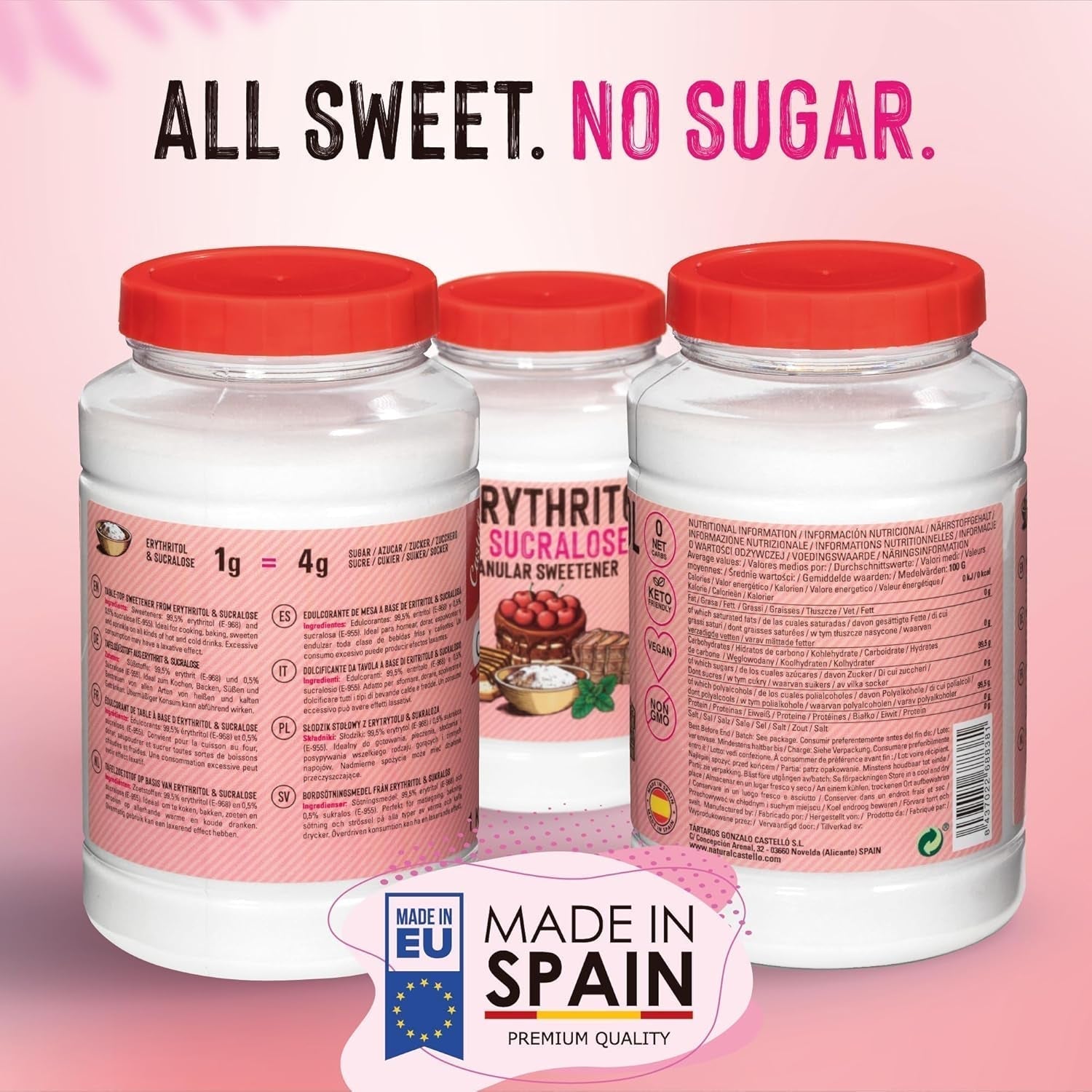 Erythritol + Sucralose 1:4 Süßstoff | 1G = 4G Zucker | 0 Netto-Kohlenhydraat - 0 Kalorien - 0 Glykämischer Index - Keto - Kein GVO - Castello sinds 1907 - 1 Kg Zoetstoffen Naty Shop