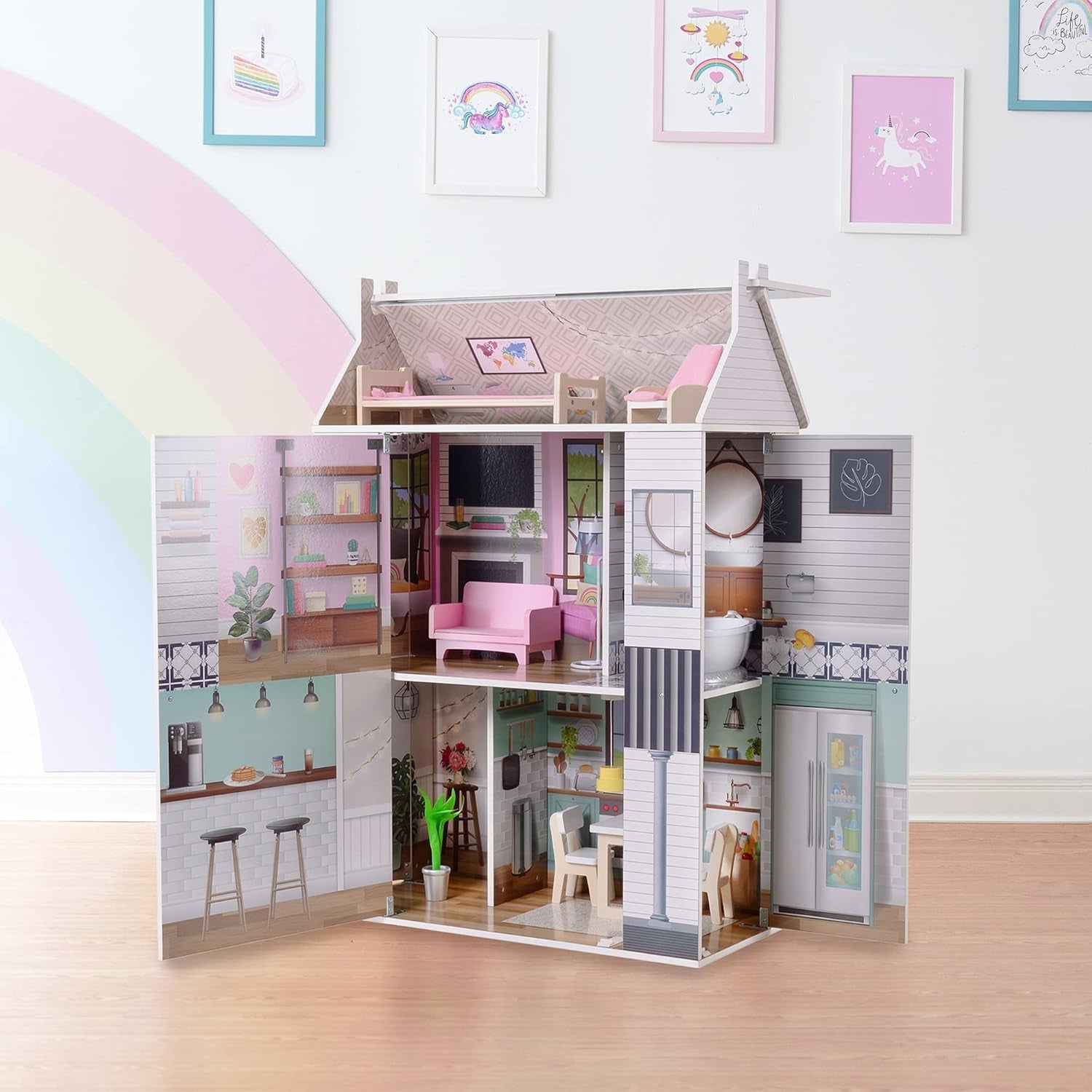 Olivia's Little World Dreamland 3-laags interactief houten poppenhuis met 13 poppenmeubelaccessoires Wit TD-13632A