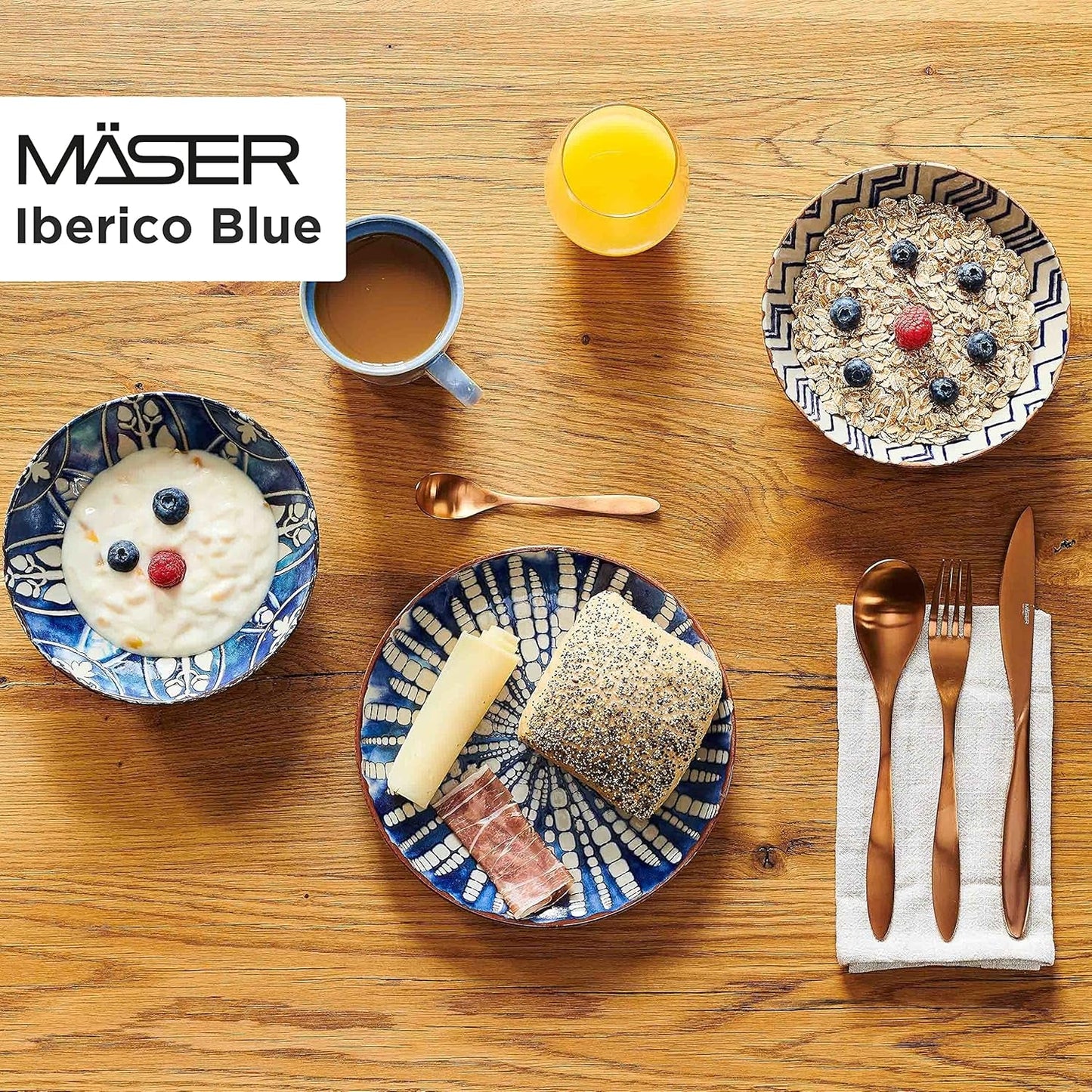 MÄSER 934017 Ibericoblauwe 4-persoons dinerset, 12-delig, Moorse stijl, verschillende vintage ontwerpen in wit en blauw, keramiek