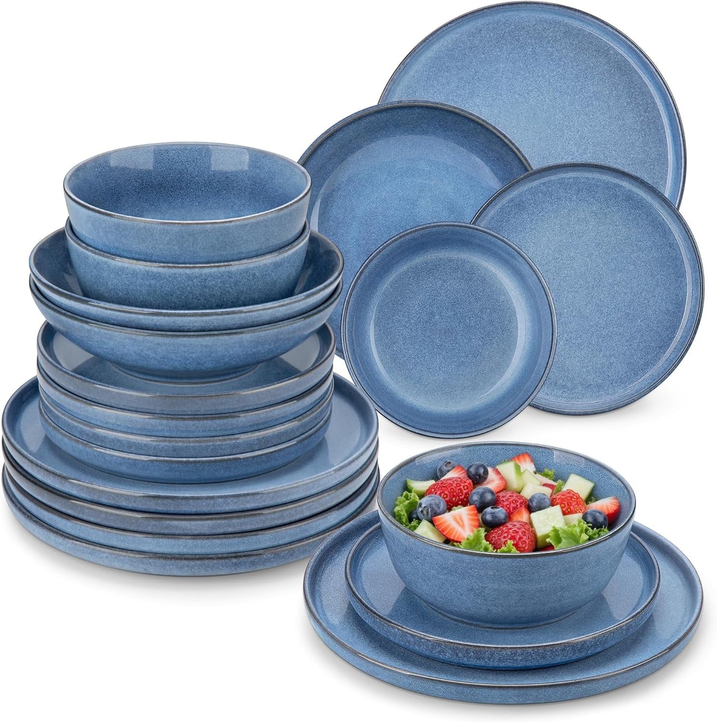Steingut Geschirrset 6 Personen, vancasso ANYA Blau Teller Set Modern 24 teilig, Tafelservice mit Speiseteller, Suppenteller, Desserttellern, Schüsseln, Geschirr Set Spülmaschinen en Mikrowellenfest