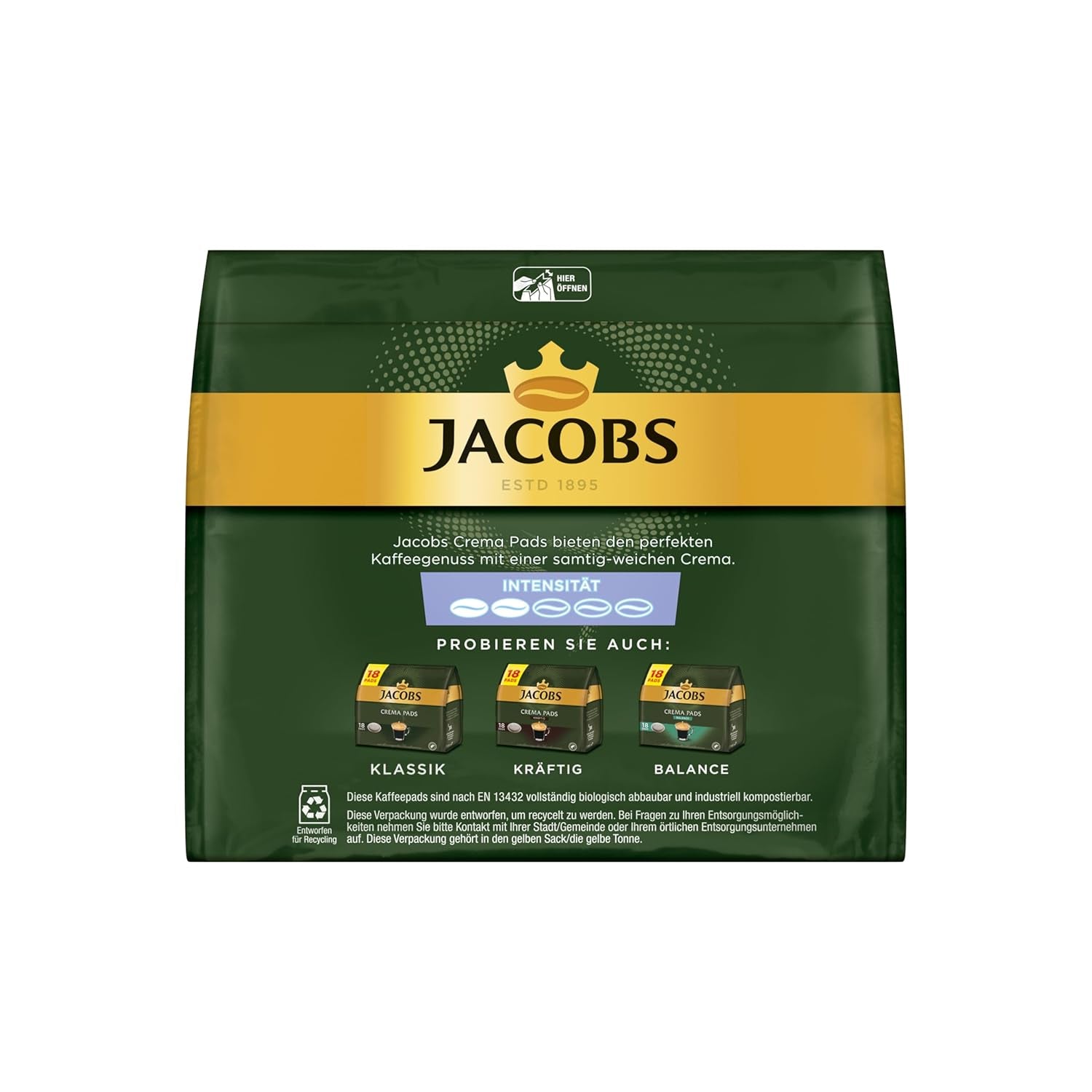 Jacobs Pads Crema Mild, Senseo-compatibele Pads, 5 x 18 Getränke, 90 Kaffeepads