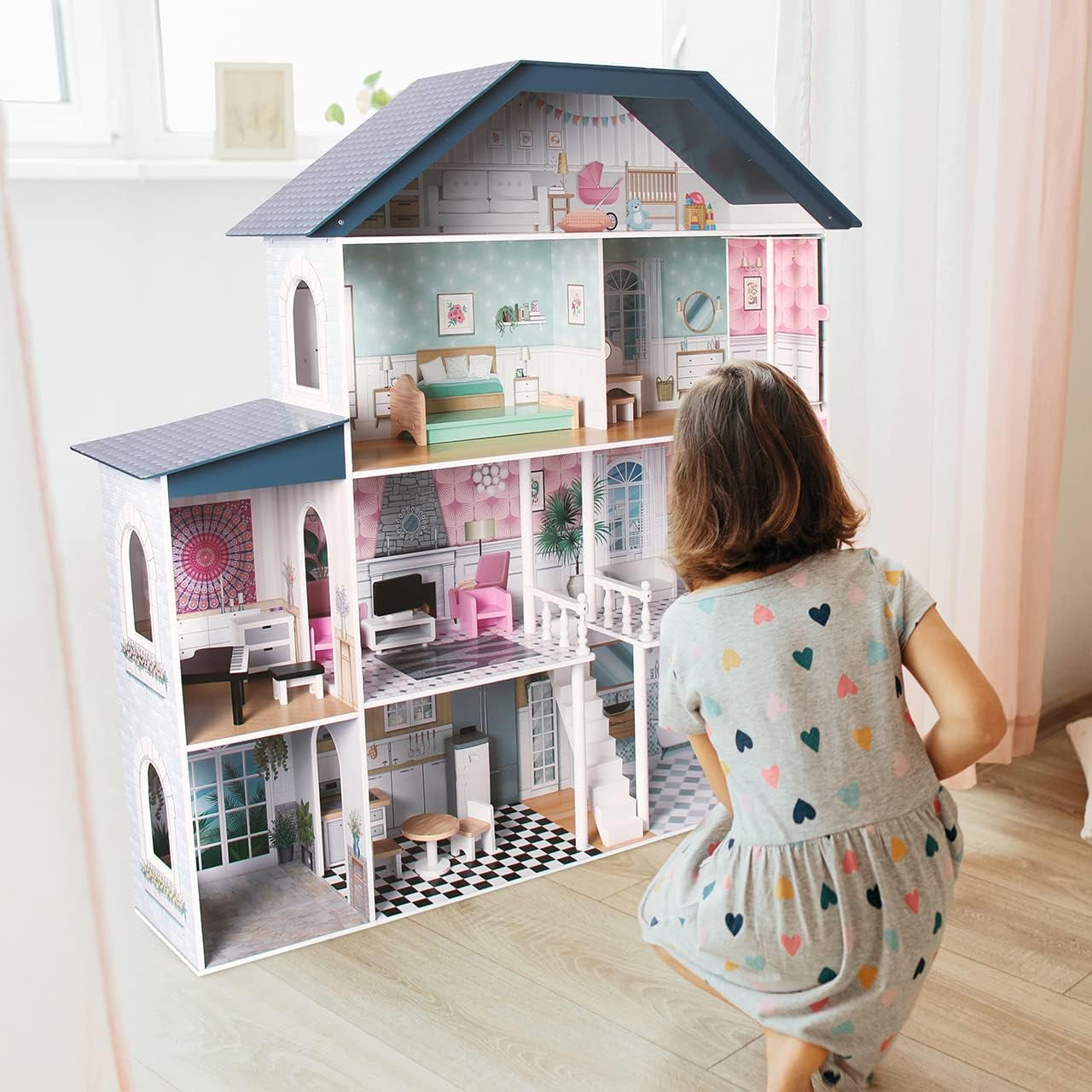 Deqube 913D00016 Houten poppenhuis, 4 verdiepingen, Premium