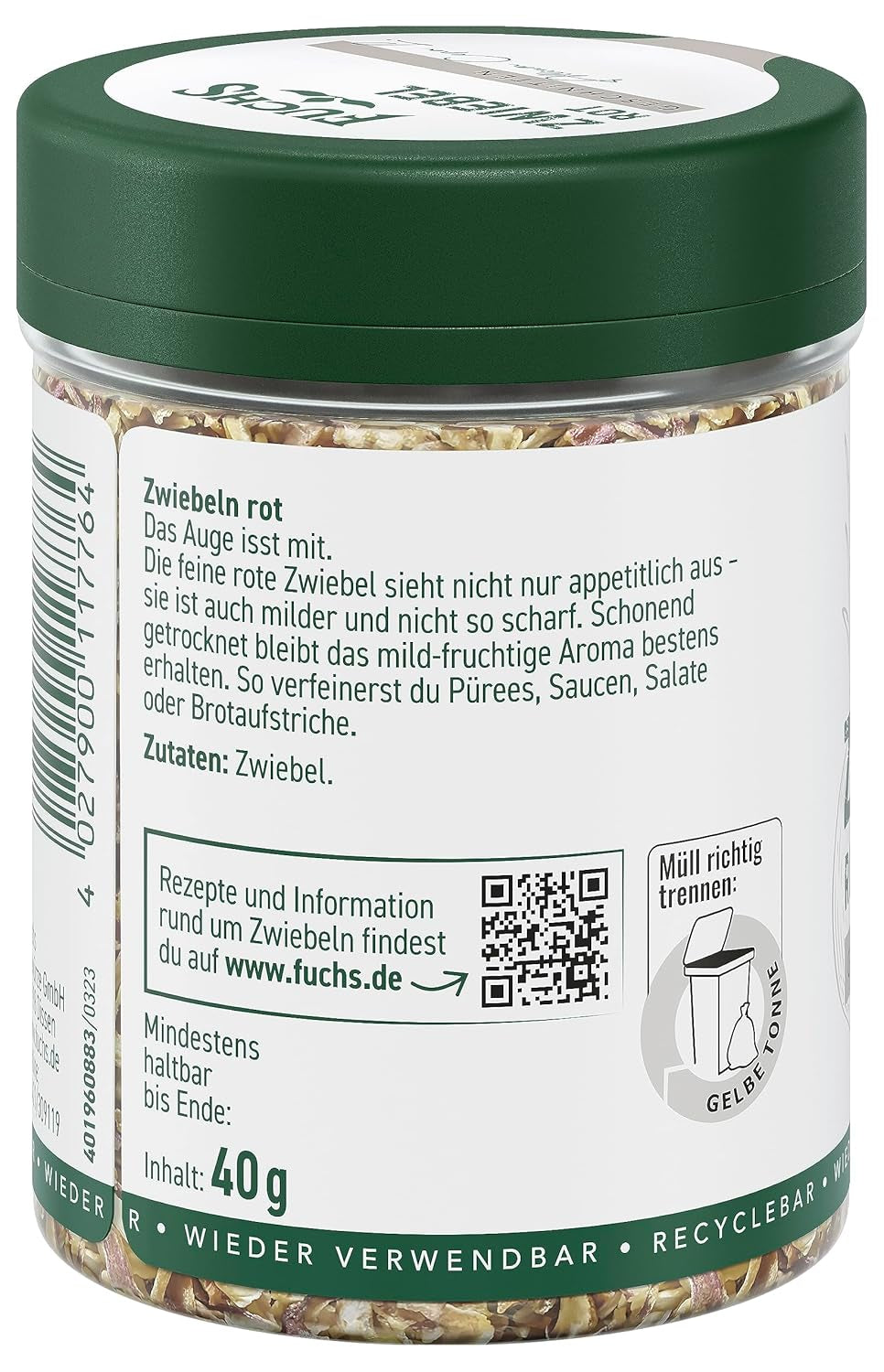 Fuchs Gewürze - Zwiebel rot geschnitten - Gewürz für Pürees, Salade of Brotaufstriche - natuurlijke ingrediënten - 40 g in wiederverwendbarer, recyclebarer Dosis