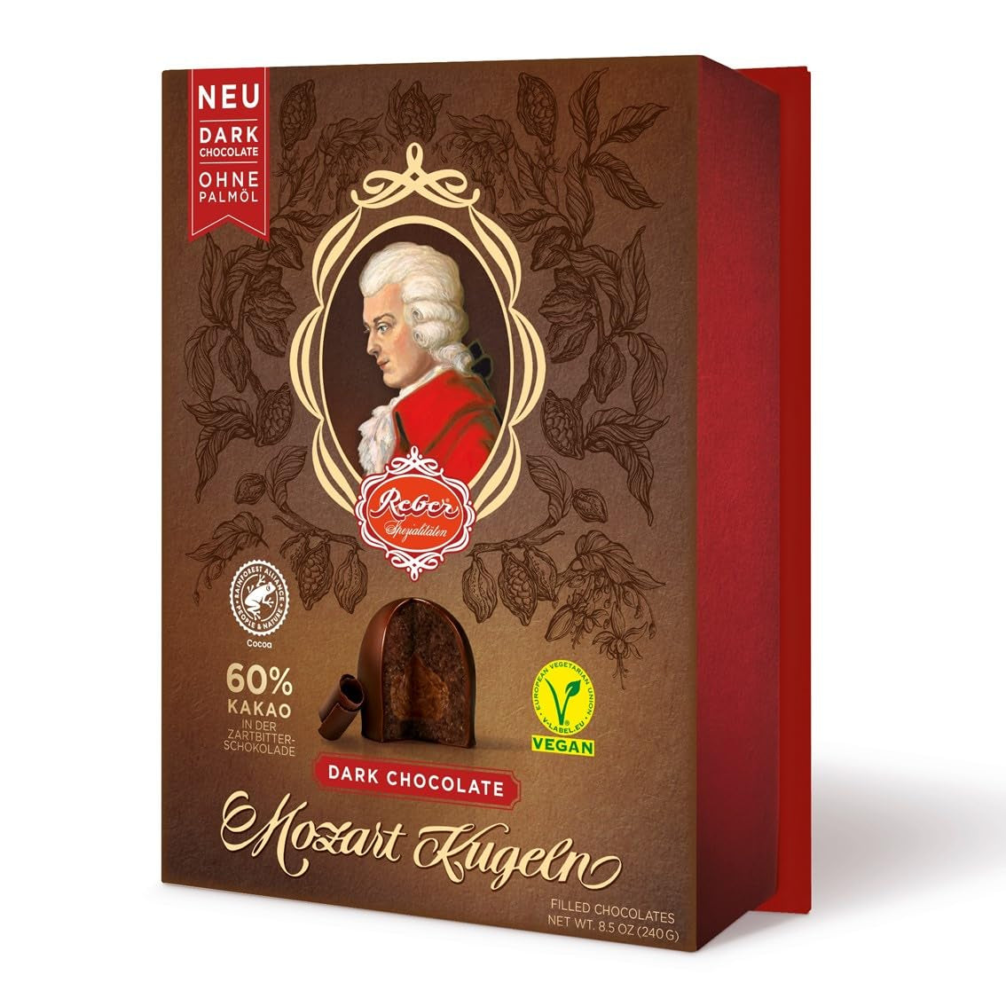 Reber Mozart-balletjes met pure chocolade, verpakking van 6 met marsepein en nougat, veganistisch - 1 x 120 g