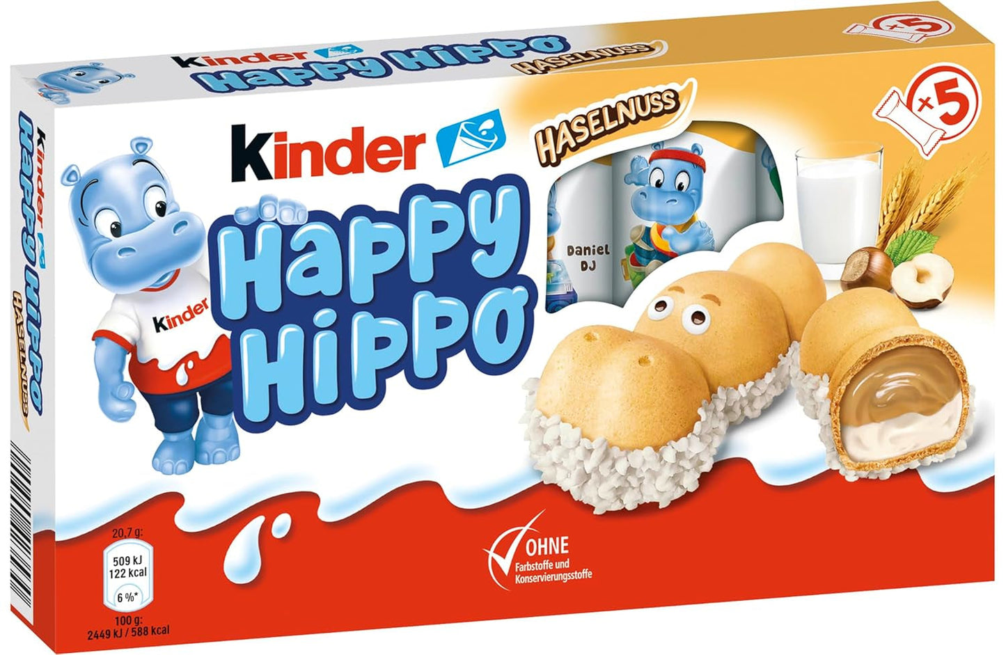 Kinder Happy Hippo Hazelnoot - Speciale knapperige wafels met melk en hazelnootcrème - Carnaval- en Mardi Gras-snoepjes - 1 pakje met 5 individuele repen van elk 20,7 g