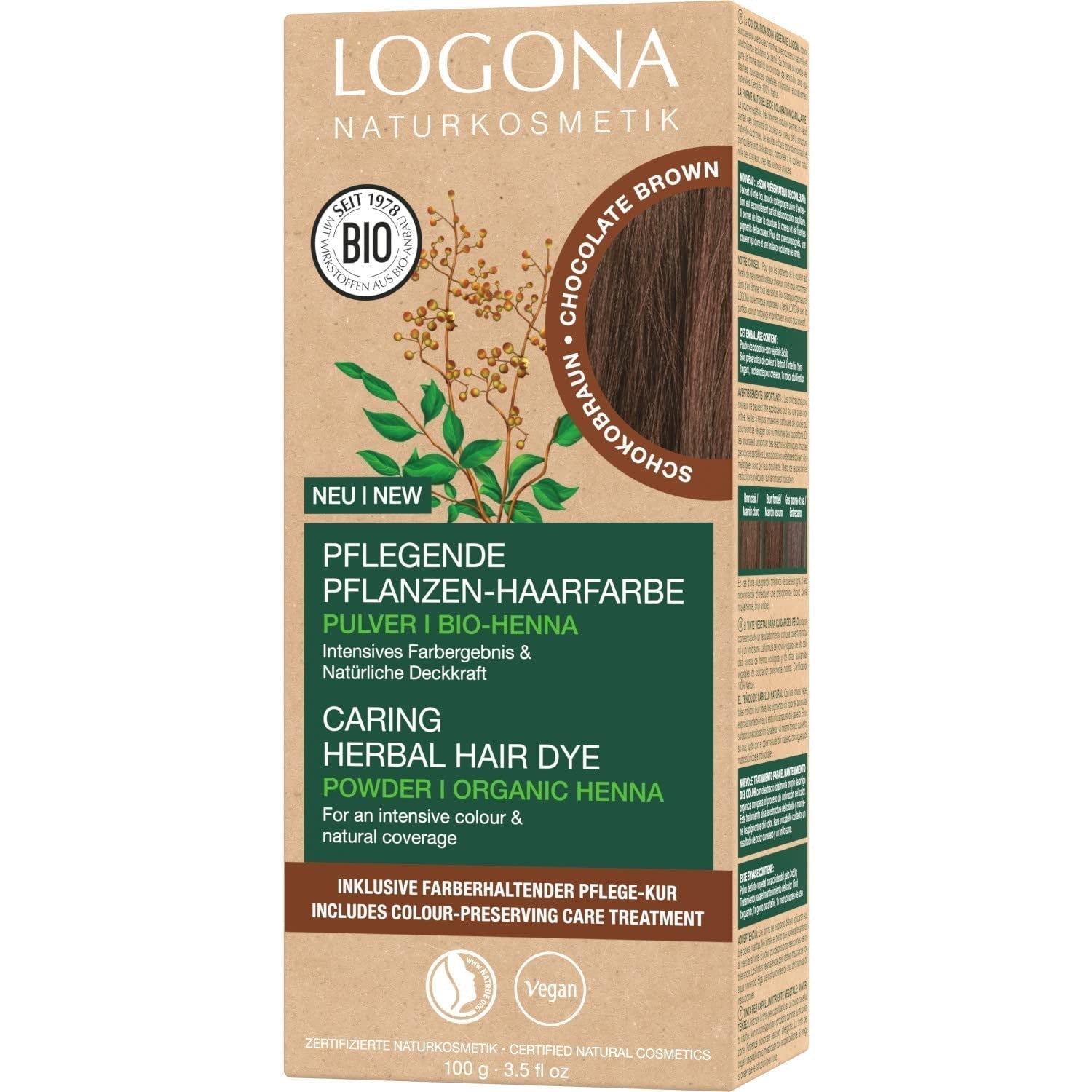 LOGONA Natural Cosmetics Kruiden voedende haarverf, biologisch hennapoeder Veganistische haarverf voor intense kleur en glans, kruidenhaarverf in koperblond (blond), 1 x 100 g Naty Shop chocoladebruine haarverf 100 g (1 verpakking)