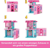 Barbie Chelsea poppenhuis met meer dan 15 accessoires, pop-uphuis kan worden uitgebreid tot meer dan 42 x 33 cm met 5 speelplekken en een glijbaan, met een kleine pop en een hond, JFW49