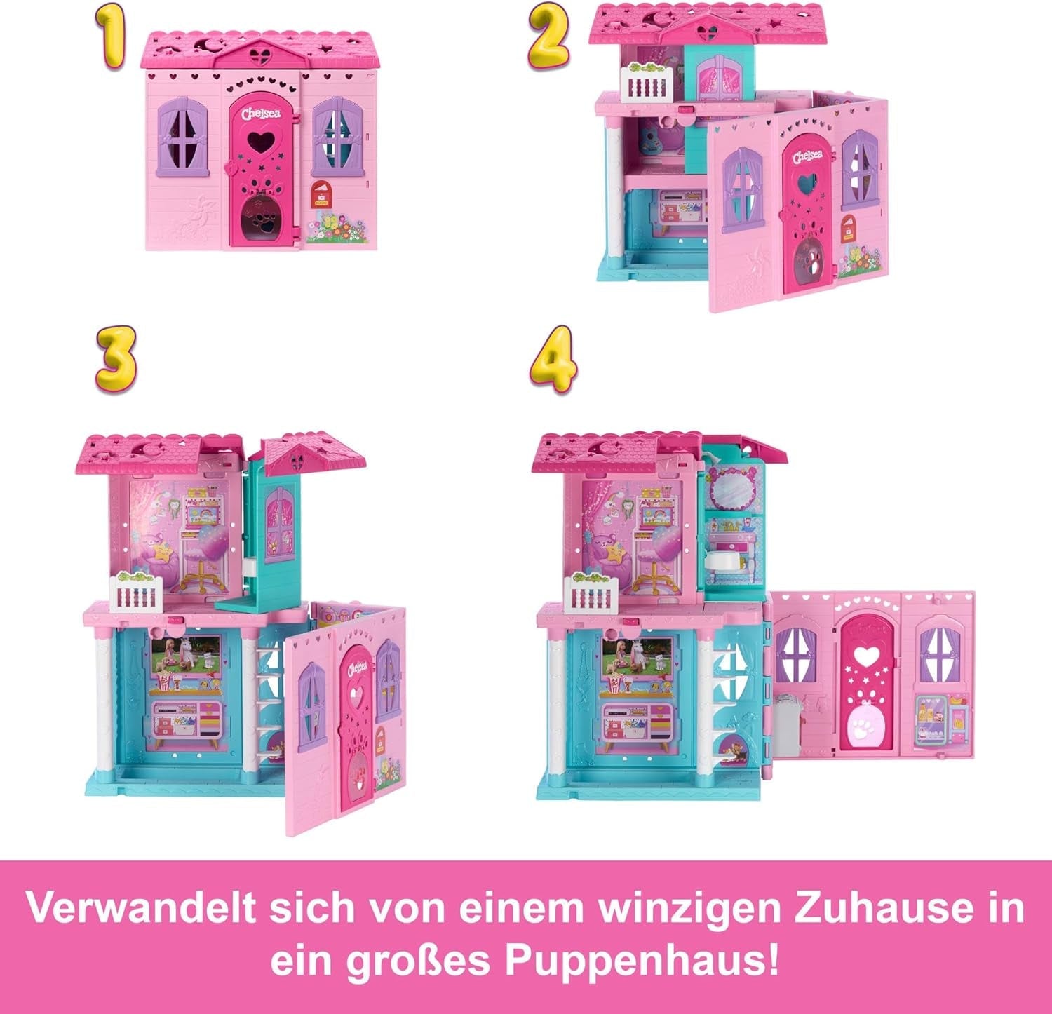 Barbie Chelsea poppenhuis met meer dan 15 accessoires, pop-uphuis kan worden uitgebreid tot meer dan 42 x 33 cm met 5 speelplekken en een glijbaan, met een kleine pop en een hond, JFW49
