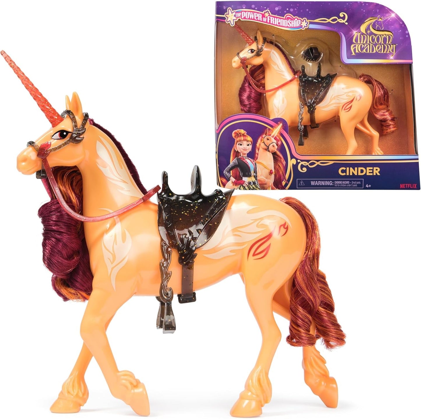 Unicorn Academy Cinder the Unicorn - 28 cm grote, originele Valentina eenhoorn uit de Netflix-serie, met echte manen en staart, afneembaar hoofdstel en zadel en borstel, voor kinderen vanaf 4 jaar
