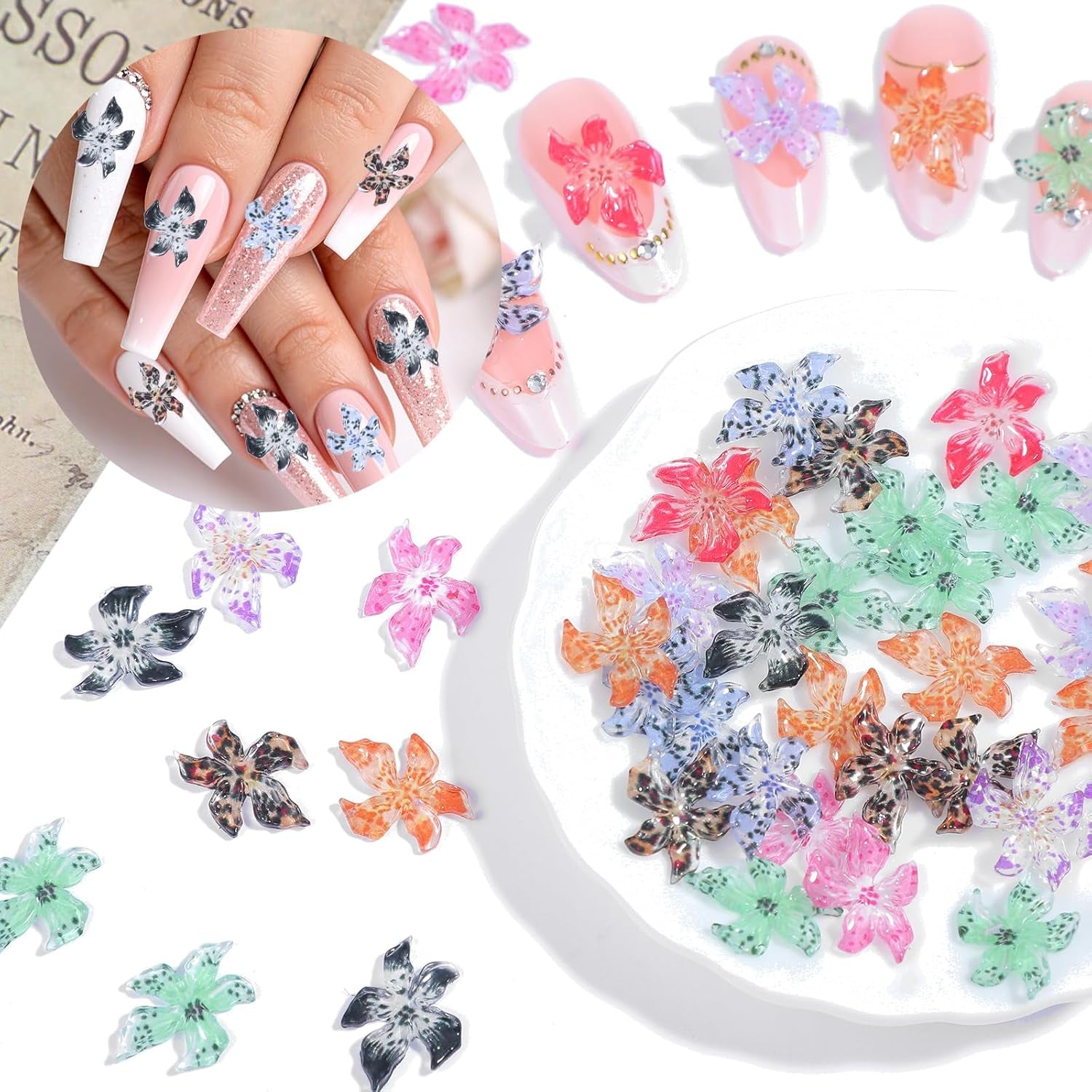 50 stuks 3D Blumen Nägel Nail Charms Bunt Gelee Weich Kleber Lilie Flower Blume Nagel Hibiscus Zubehör Nageldesign Eis Kristall Geprägt Farbverlauf Lilien Für Mädchen Frauen Diy Basteldekoration