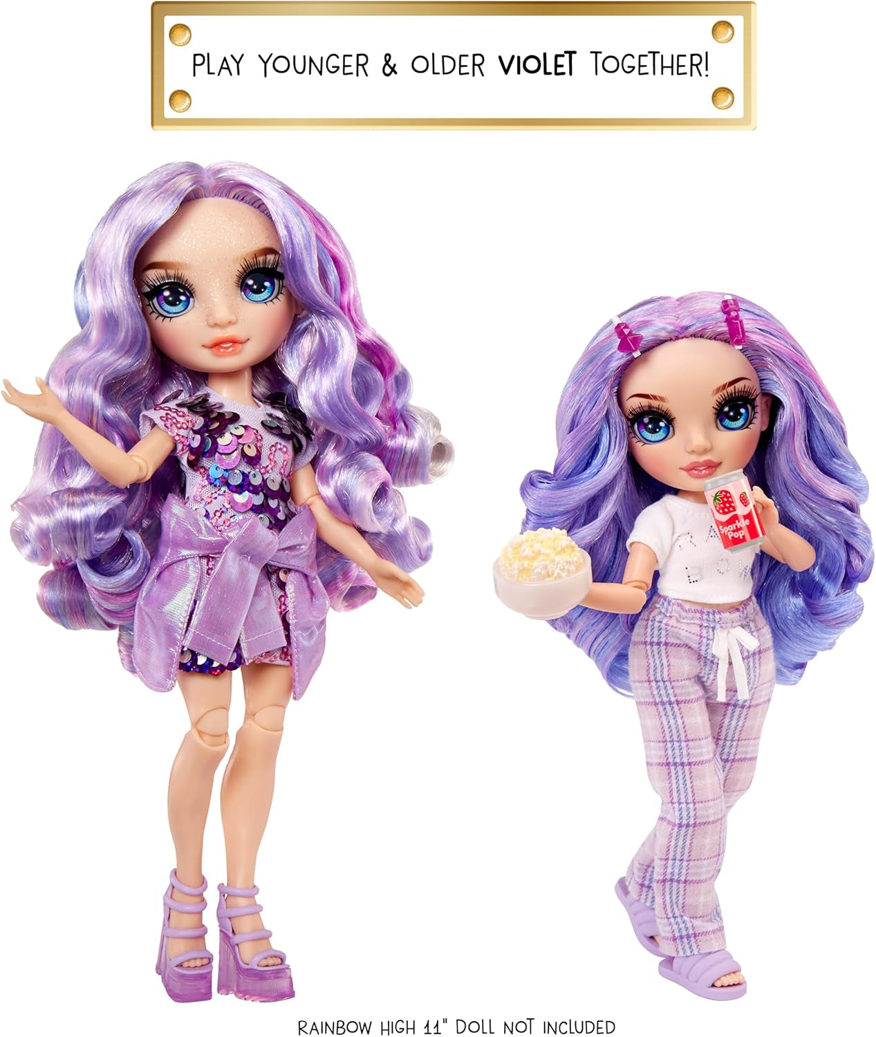 Rainbow High Junior High PJ Party Doll - Violet - 22 cm met zachte jumpsuit, pantoffels en speelaccessoires - Kinderspeelgoed - Ideaal voor 4-12 jaar