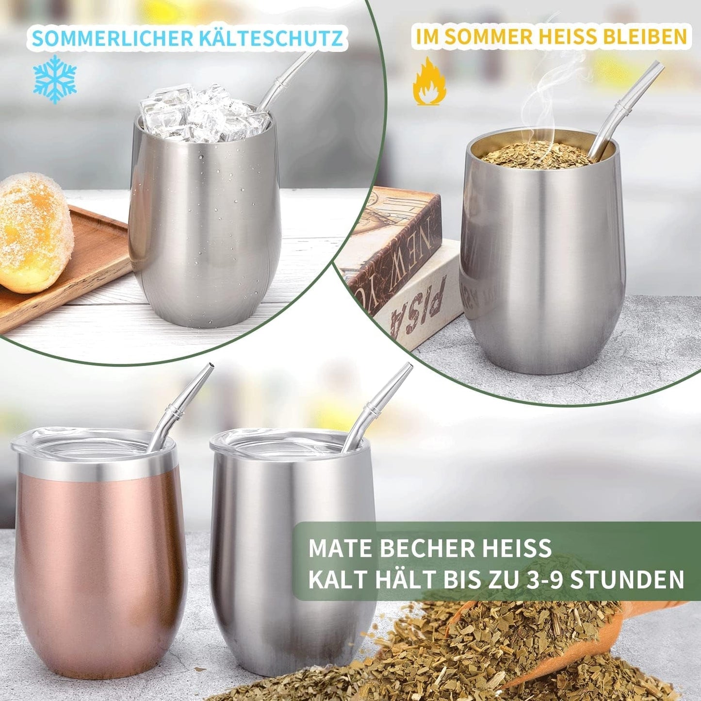 Moderne Mate-mok 340 ml, geïsoleerde dubbelwandige roestvrijstalen Yerba Mate-mokset, Mate-theemok met BPA-vrij deksel, bombillas en een reinigingsborstel (zilver)