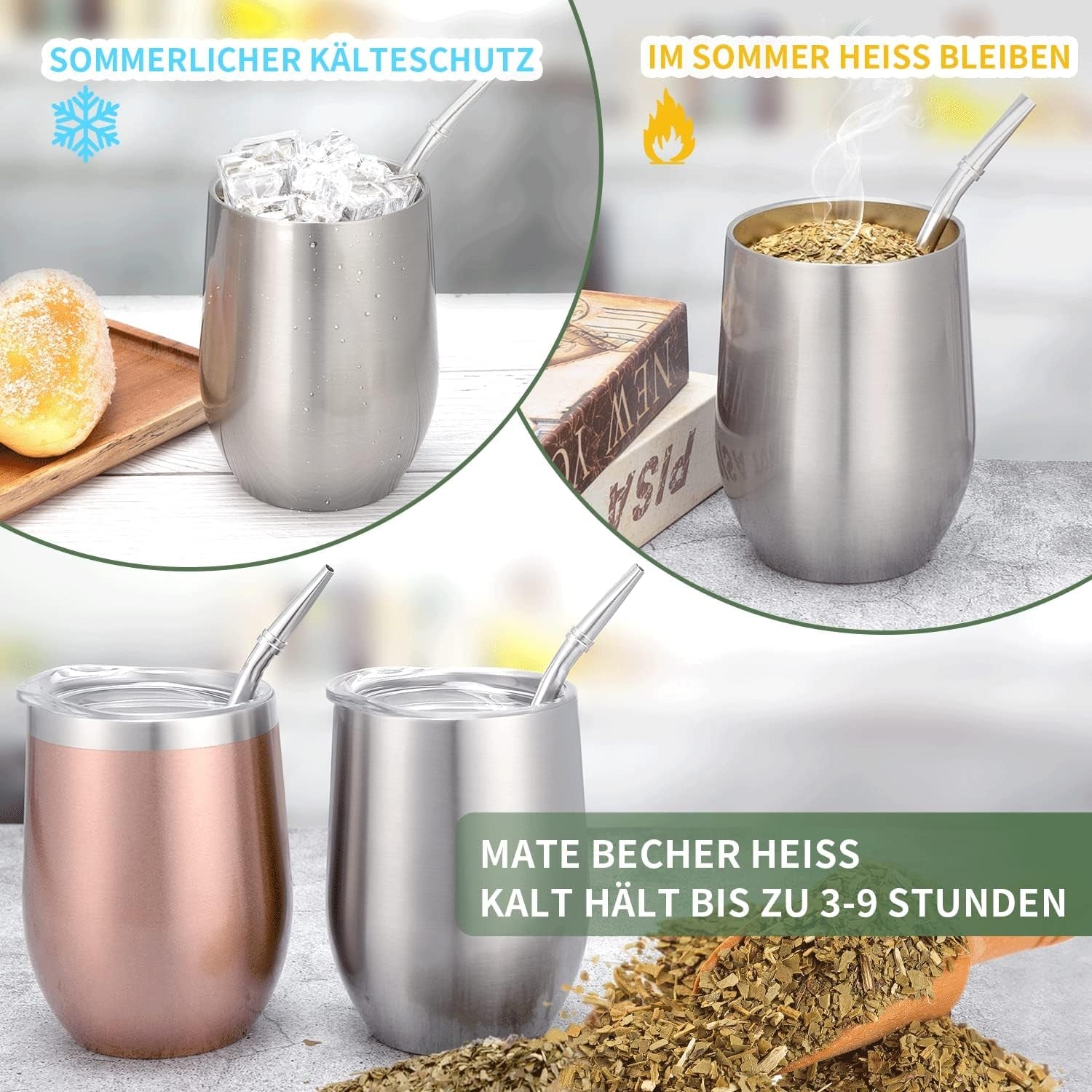 Moderne Mate-mok 340 ml, geïsoleerde dubbelwandige roestvrijstalen Yerba Mate-mokset, Mate-theemok met BPA-vrij deksel, bombillas en een reinigingsborstel (zilver)