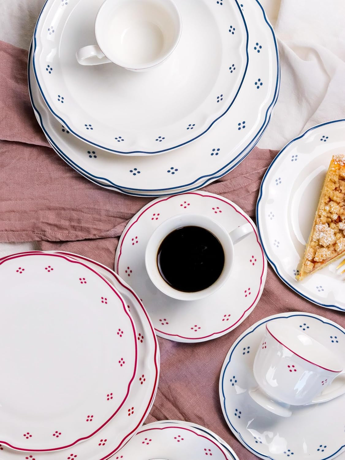 Mäser Lova Serie 18-delig porseleinen koffieservies - 6 dessertborden (19,5 cm), 6 kopjes (19 cl) en 6 schotels (15,5 cm), blauw
