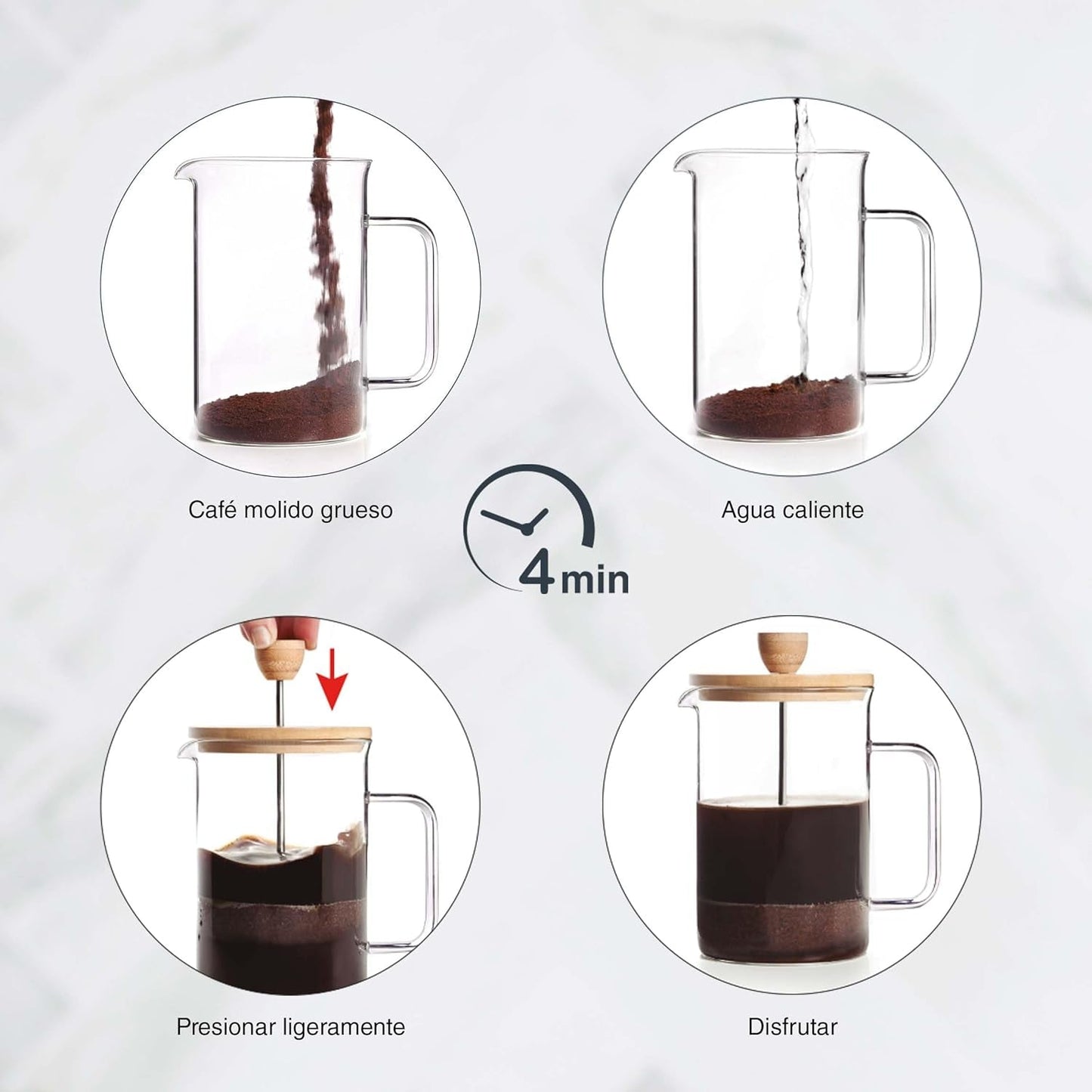 Frans koffiezetapparaat, koffiepers, plunjerkoffiezetapparaat, Franse filterkoffiepot, 3 kopjes, 0,35 l, staal en hout