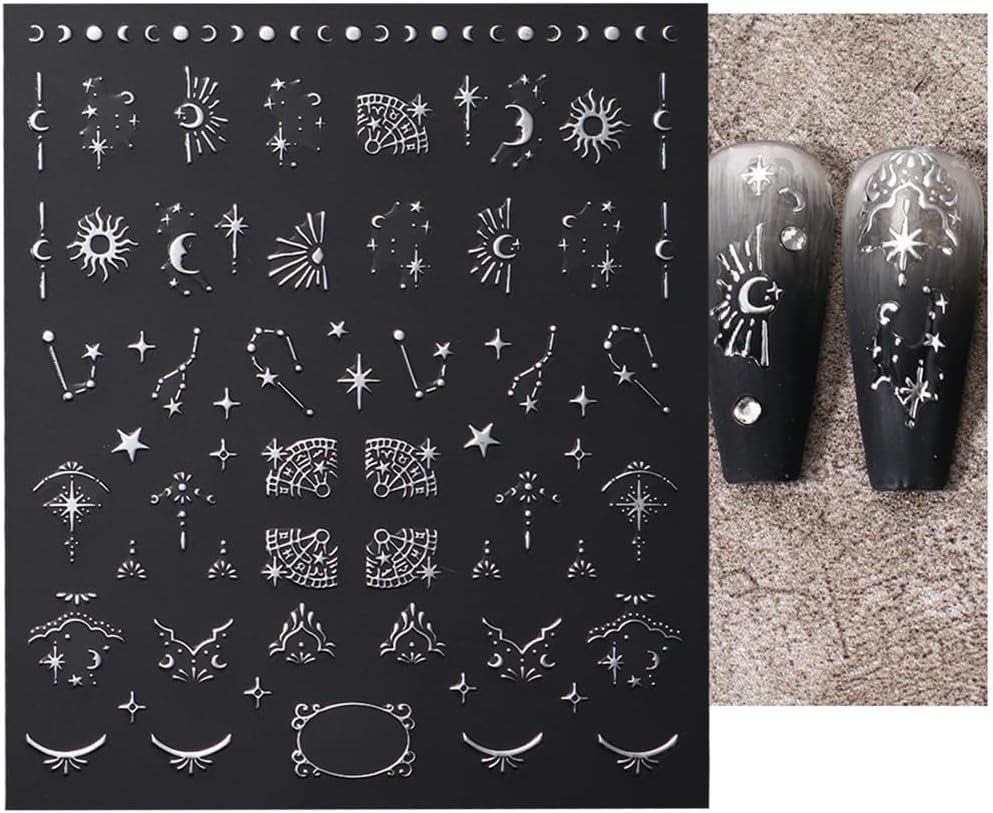 3D zilver metallic nagelstickers, nagelstickers voor vrouwen, ster, maan, zon, nagelfolie, zelfklevende stickers, vlindernagelstickers, nagelstickers, nageldesignaccessoires, 8 stuks