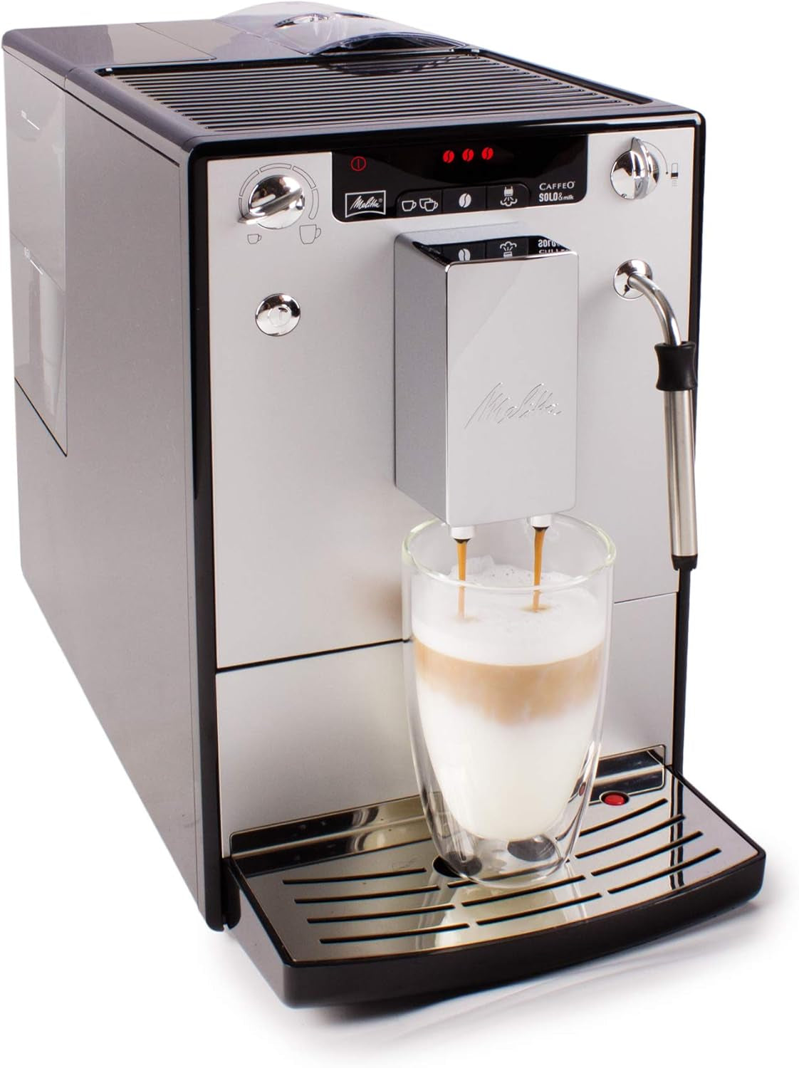 Melitta Solo & Milk - volautomatische slanke koffiemachine met melkopschuimer, koffiemachine met afneembaar waterreservoir, b.v. koffie of cappuccino, zilver