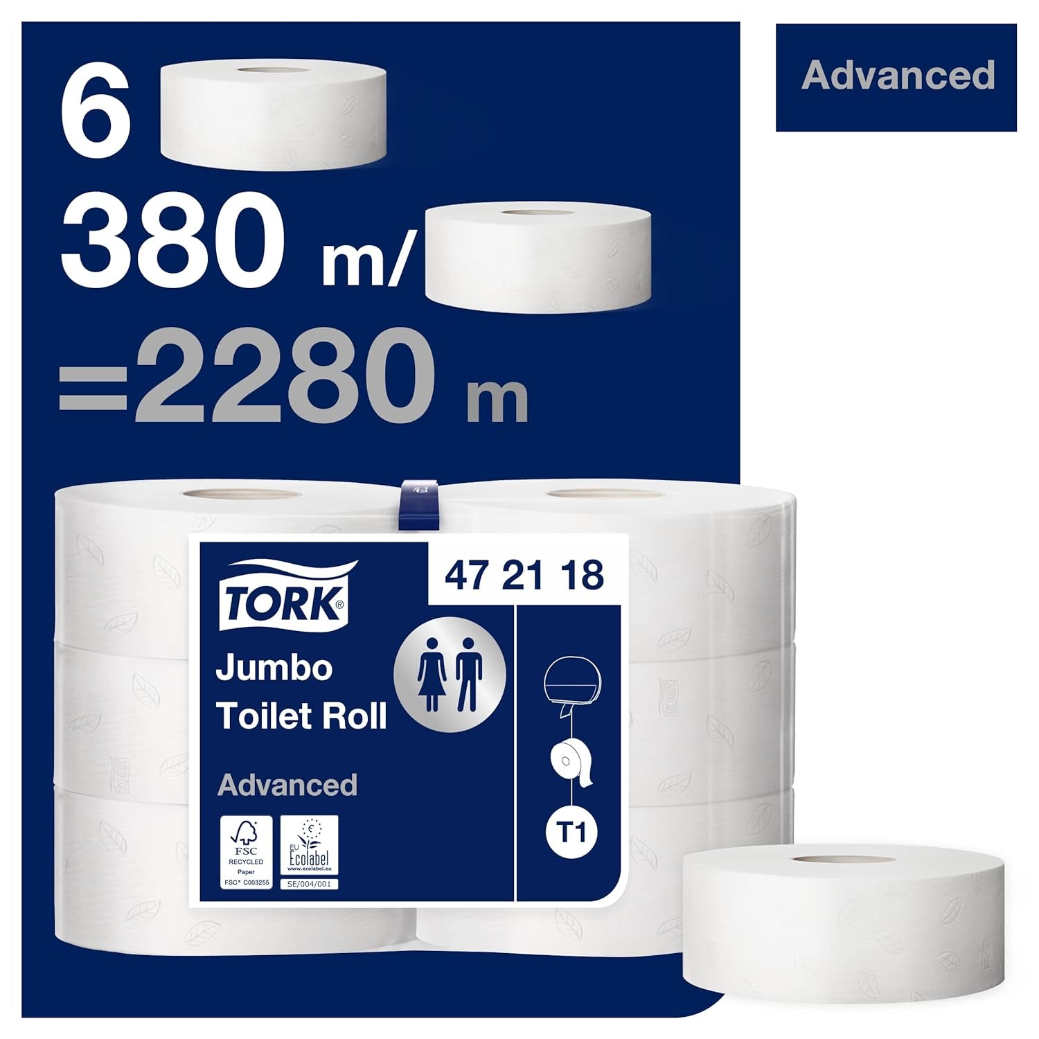 Toiletpapier Tork Jumbo Wit T1, Advanced, 2 lagen, 6 × 380 M, 472118