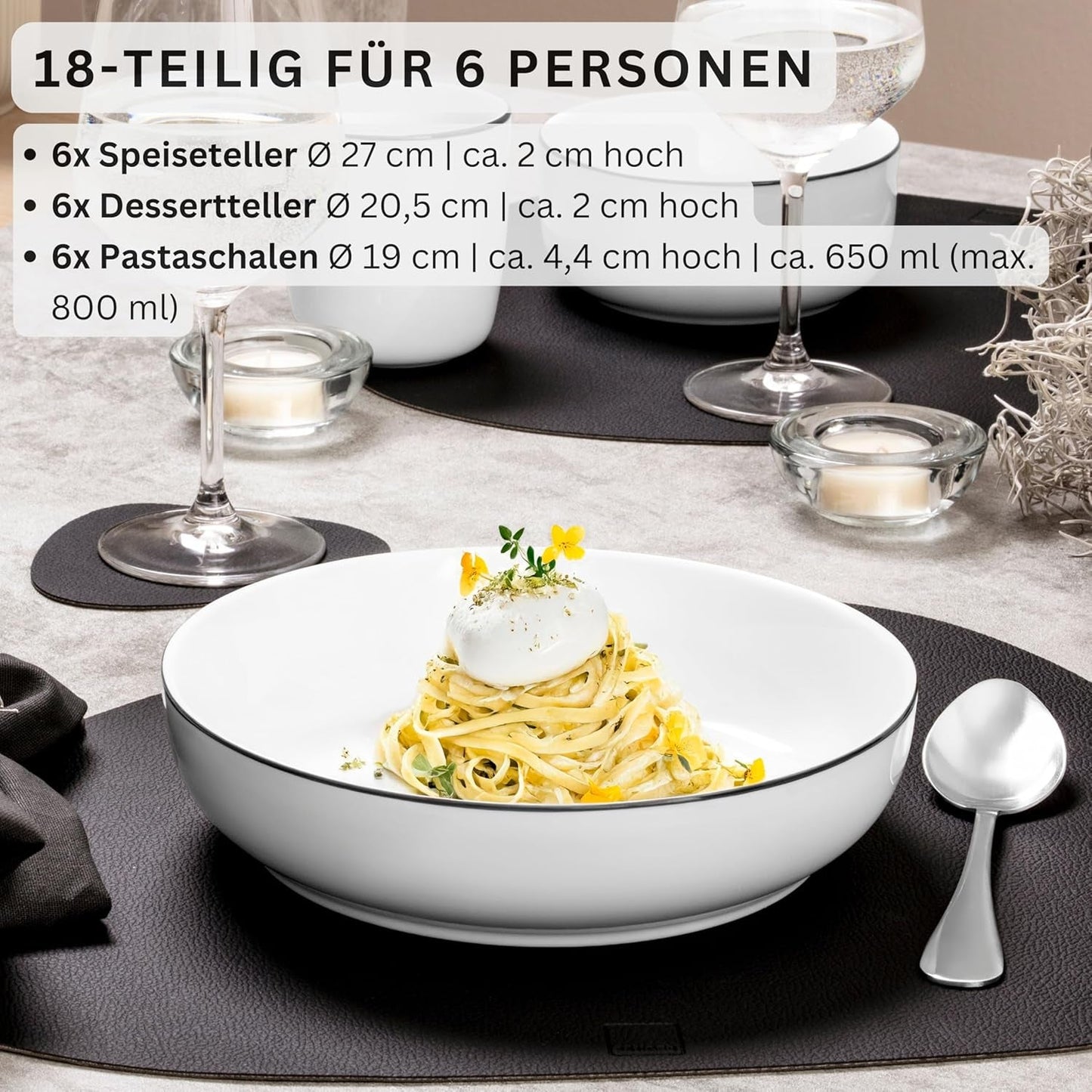 ZANGER | Marlo serviesset met zwarte en witte rand, 18-delige porseleinen serviesset voor 6 personen, wit met zwarte accenten, dinerborden, dessertborden en schalen, modern design | DE PREMIUM COLLECTIE