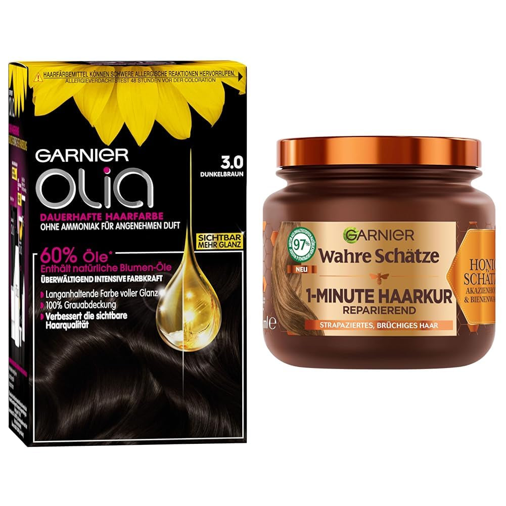 Garnier Kleur- en verzorgingsset: Olia 3.0 Donkerbruine permanente haarkleuring + herstellende haarbehandeling (340 ml) | Met acaciahoning en bijenwas voor glans en soepelheid | Ammoniakvrije haarverf Naty Shop standaardtitel