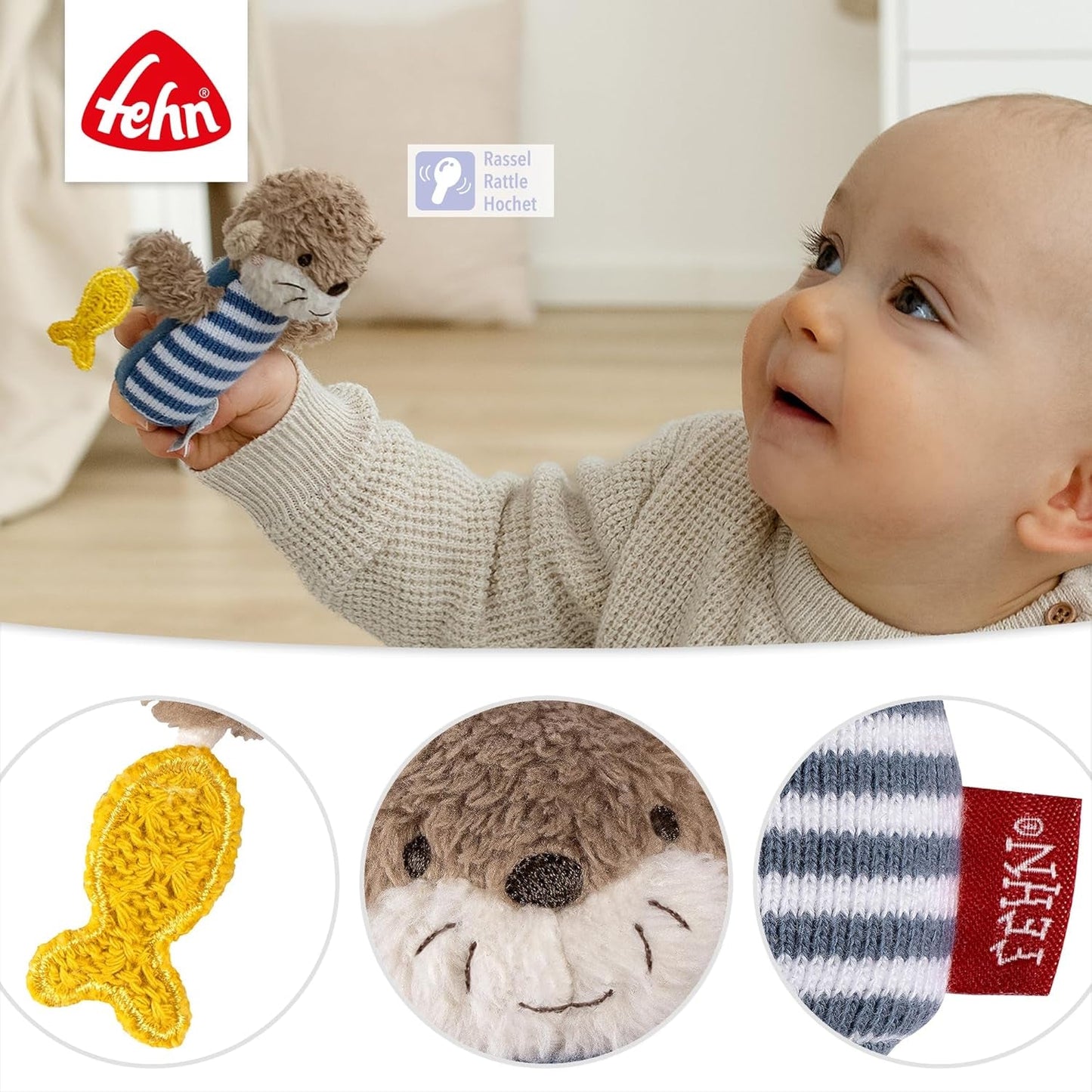 Fehn minirammelaar otter - mini-grijpspeeltje voor het rammelen, betasten en spelen met een zacht en knuffelig stoffen dier - een trouwe metgezel voor baby's en peuters vanaf 0+ maanden Babyspeelgoed Naty Shop