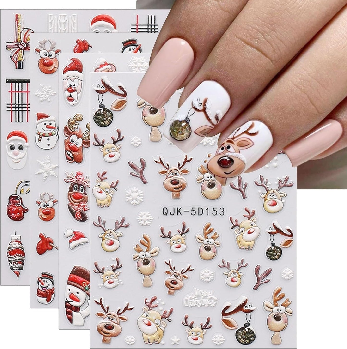 JMEOWIO 3D Nagelsticker Weihnachten Nail Art Sticker Selbstklebend Nagelaufkleber 5D Stereoskopisch Schneeflocke Xmas Winterurlaub Niedlich Decoratie Nageldesign Zubehör 4 Blatt