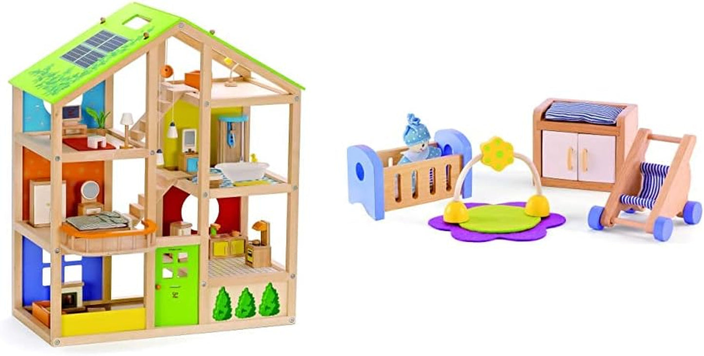 E3401 - Vierseizoenenhuis (gemeubileerd), poppenhuis met accessoires, houten en E3459 - Babykamer