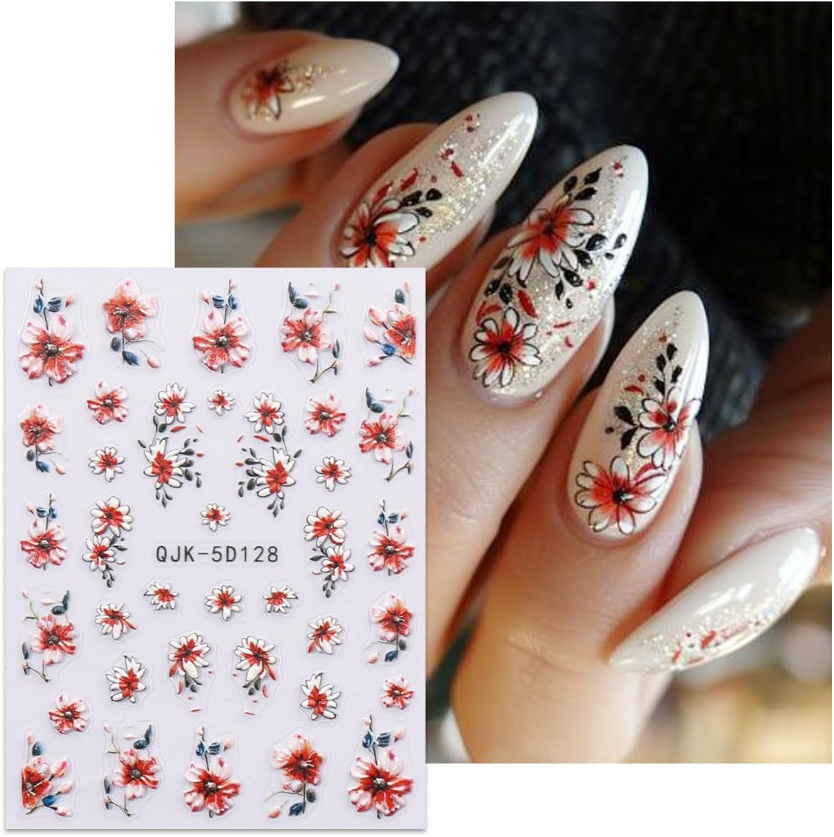 JMEOWIO 3D Nagelsticker Blumen Nail Art Sticker Selbstklebend Nagelaufkleber 5D Stereoskopisch Frühling Zomer Decoratie Nageldesign Zubehör 4 Blatt
