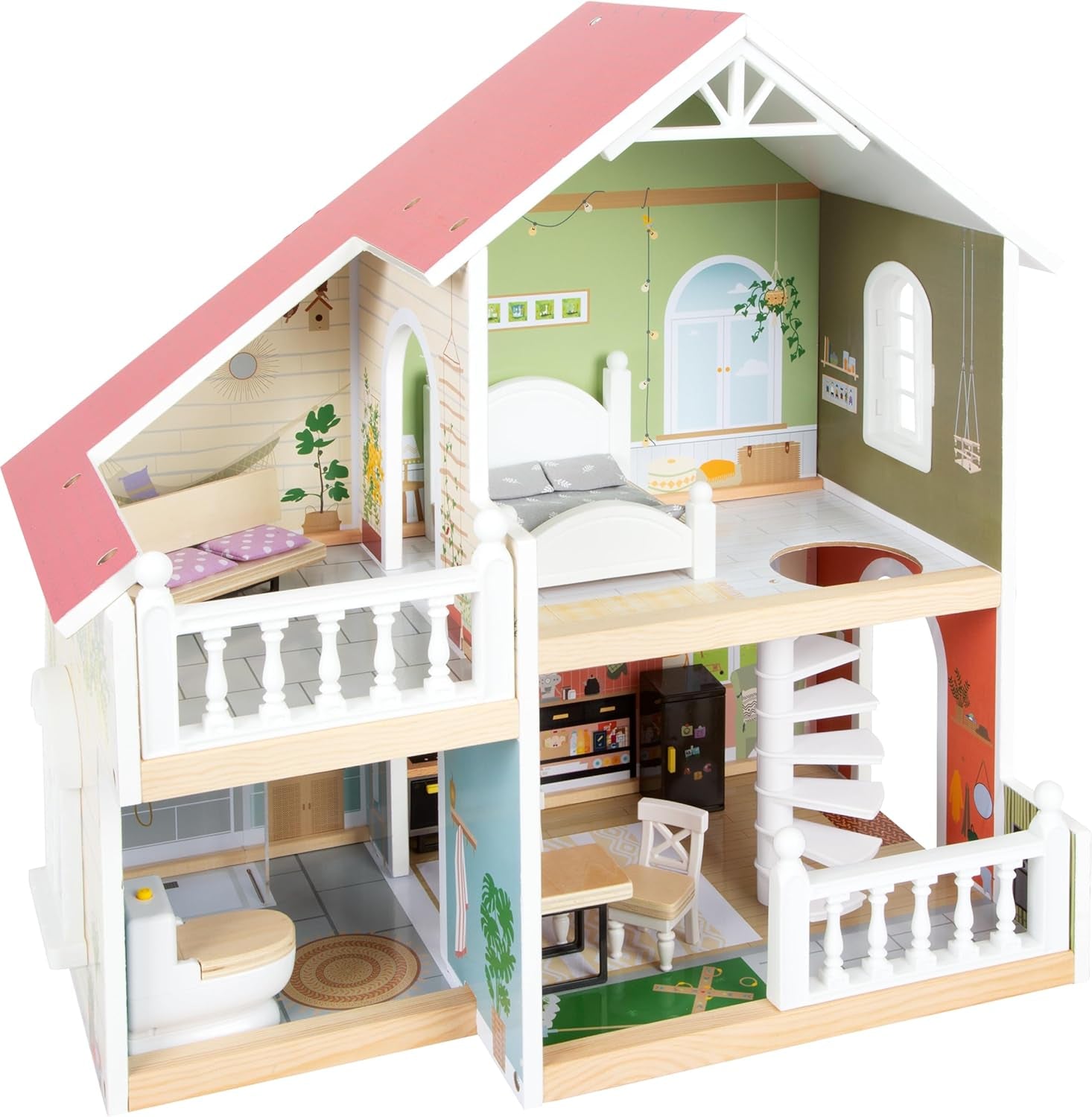 Small Foot poppenhuis, houten herenhuis met open voorkant, 3 verdiepingen en 12 meubels voor 3 jaar en ouder 11802 Witgrijze poppenhuizen Naty Shop poppenhuis met dak