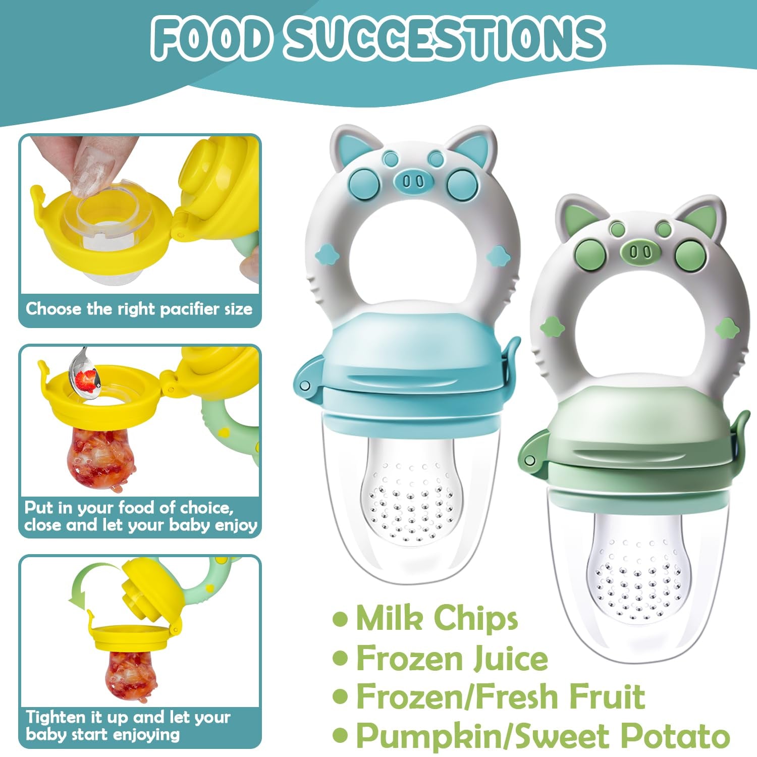 Baby-fruitfopspenen, 2-pack fruitfopspenen voor baby's vanaf 3 maanden Verbeterde versie 2023, vulbare fopspenen, papfopspenen, fruitfopspenen voor baby's, BPA-vrij, 8 siliconen spenen in 3 maten