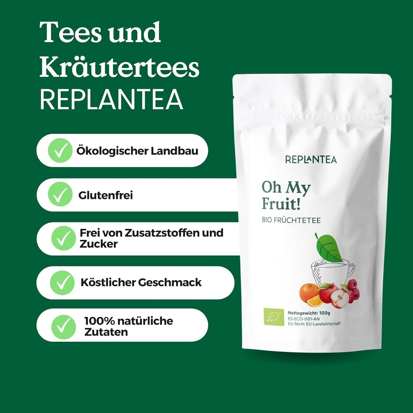 Oh My Fruit BIO fruitthee 100 g (50 kopjes) | Losse vruchtenthee met appels, hibiscus, frambozen, sinaasappels en steviabladeren REPLANTEA