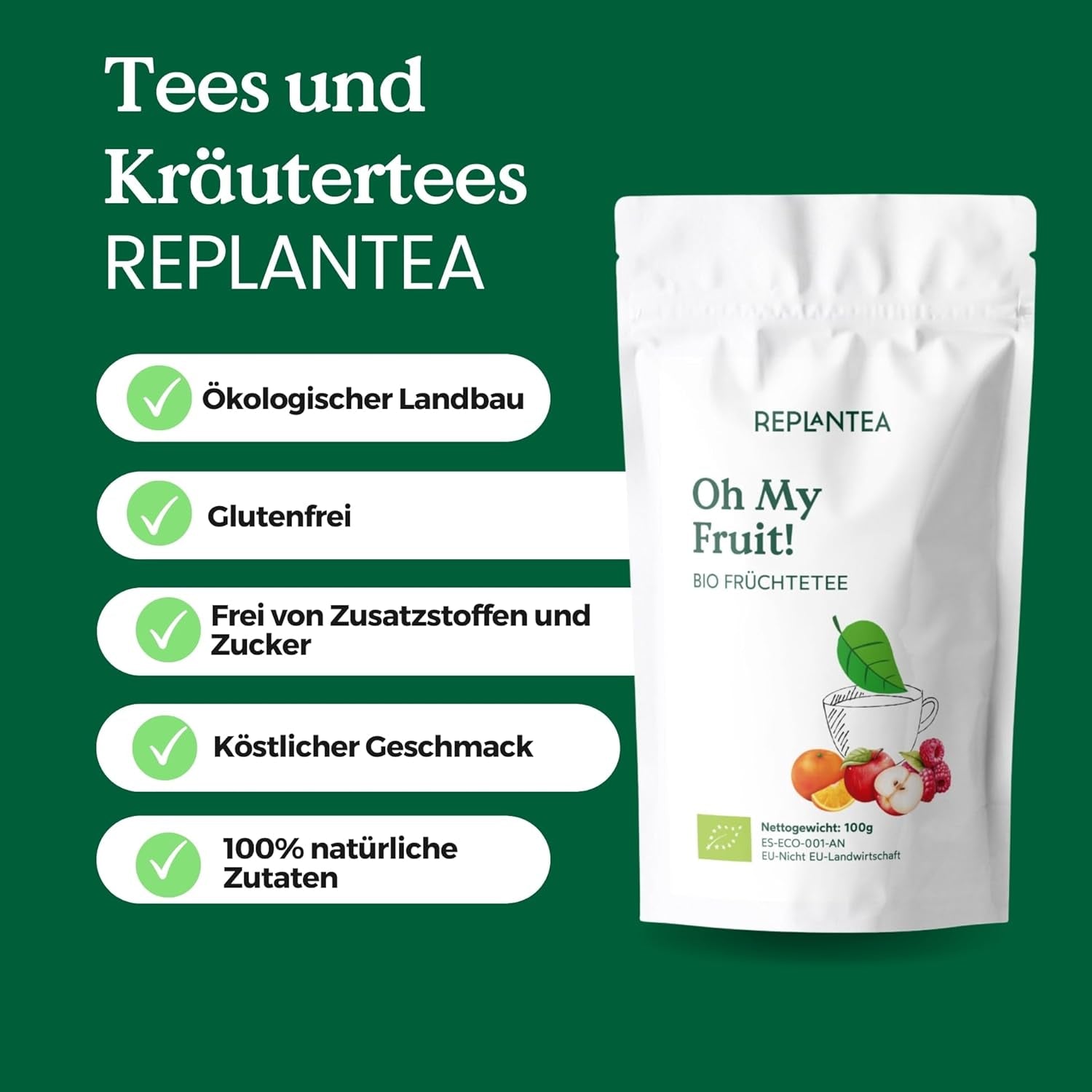 Oh My Fruit BIO fruitthee 100 g (50 kopjes) | Losse vruchtenthee met appels, hibiscus, frambozen, sinaasappels en steviabladeren REPLANTEA