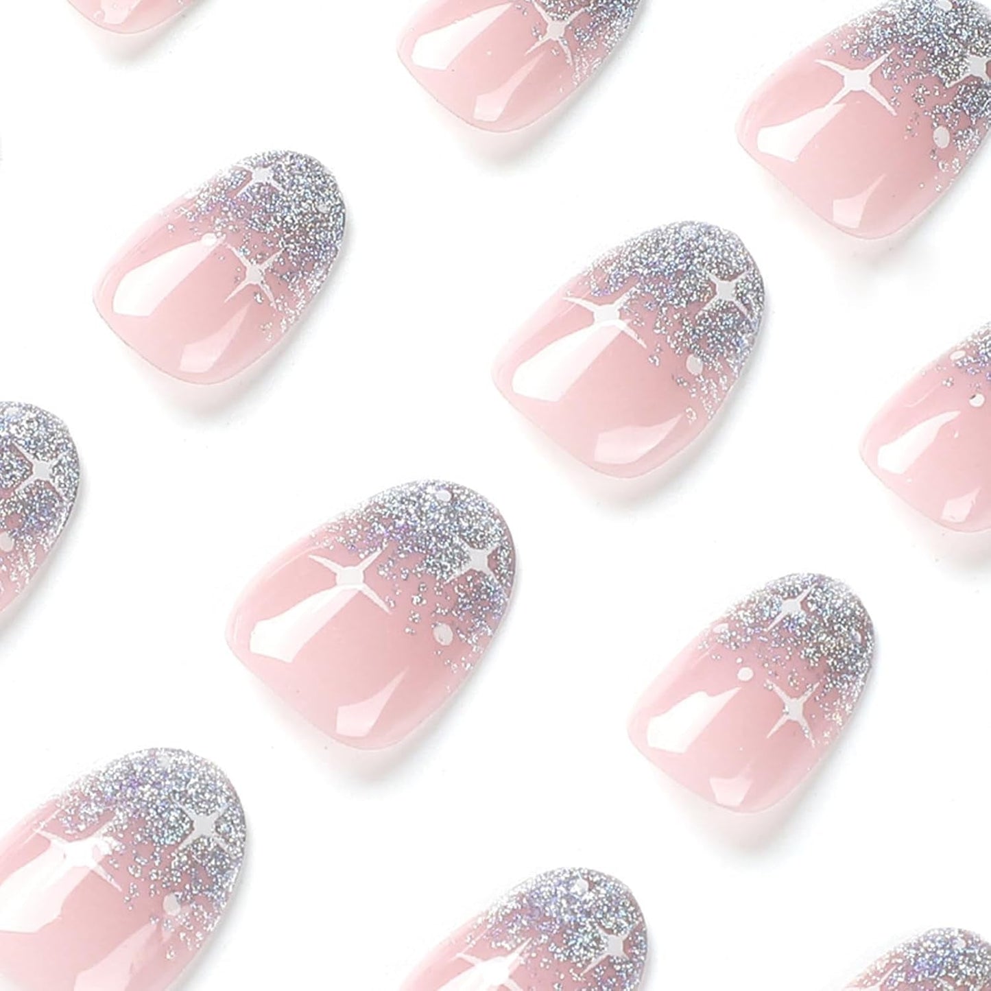 24 stuks Franse pers op nagels kort glanzend zilver ontwerp ovale kunstnagels lijm op acryl glanzende nagels kunstnagels voor dames meisjes