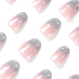 24 stuks Franse pers op nagels kort glanzend zilver ontwerp ovale kunstnagels lijm op acryl glanzende nagels kunstnagels voor dames meisjes