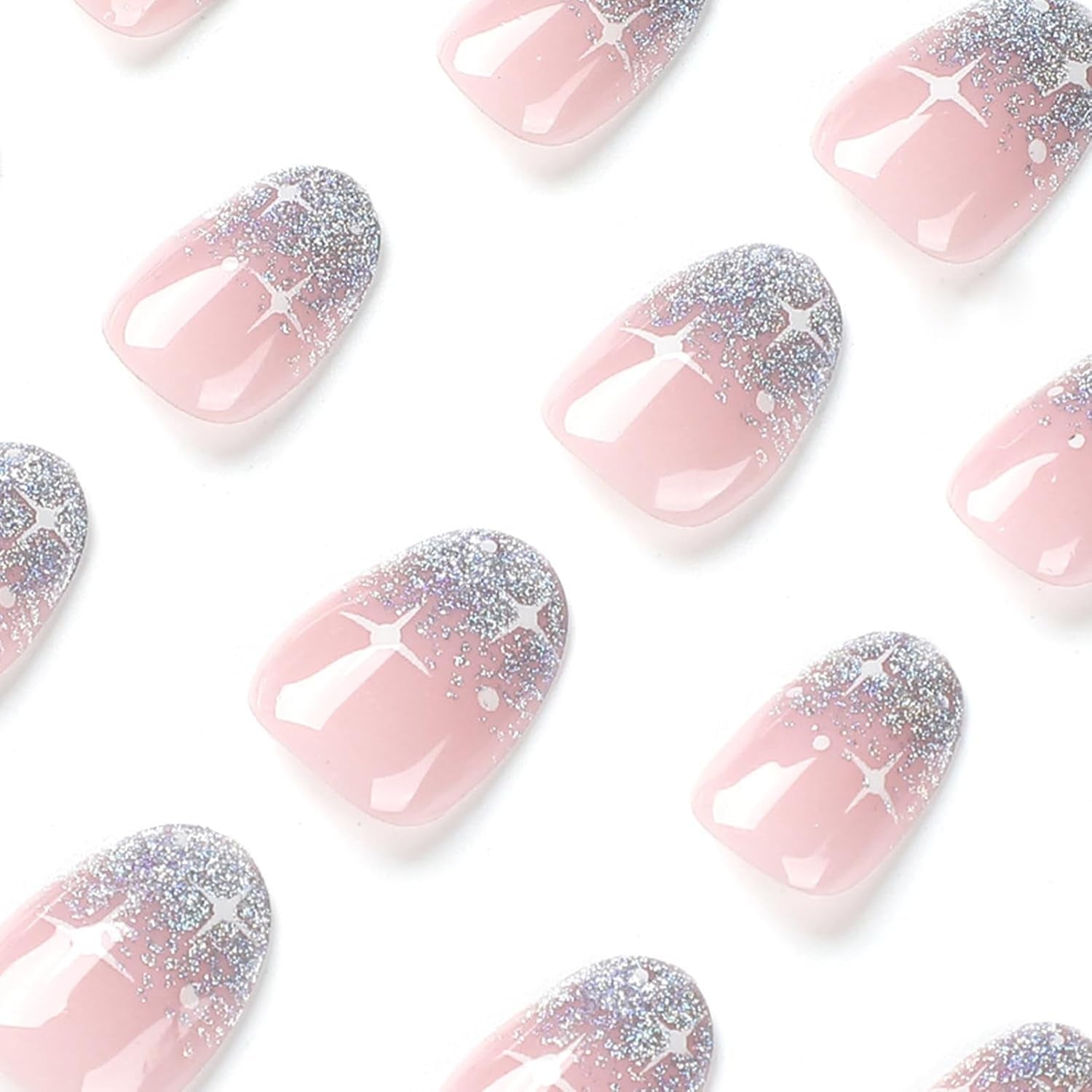 24 stuks Franse pers op nagels kort glanzend zilver ontwerp ovale kunstnagels lijm op acryl glanzende nagels kunstnagels voor dames meisjes